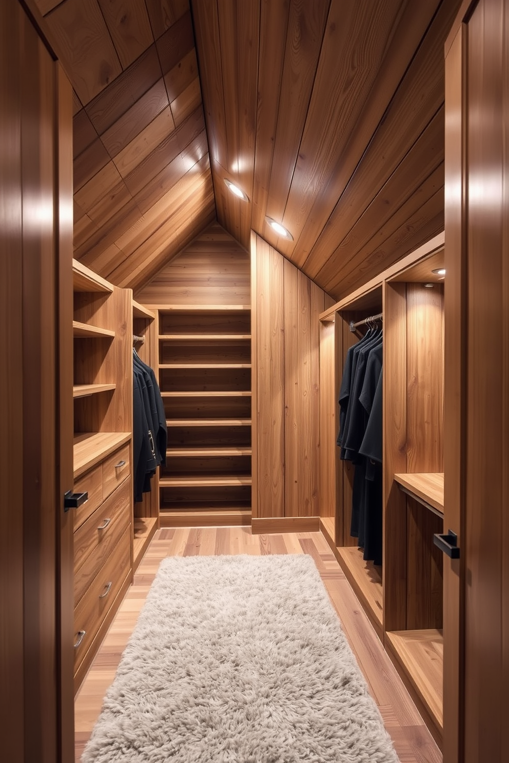 A cozy attic closet designed with natural wood finishes creates a warm and inviting atmosphere. The sloped ceiling is complemented by built-in shelving made from reclaimed wood, providing both style and functionality. Soft lighting fixtures are strategically placed to enhance the wooden textures, creating a serene space for storage. A plush area rug adds comfort underfoot, making the closet a welcoming extension of the home.