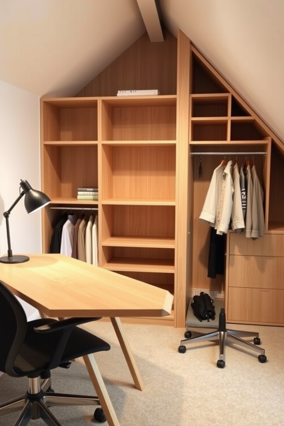 A stylish folding table is set up in a contemporary workspace. The table features a sleek design with a light wood finish and is paired with a comfortable ergonomic chair. The attic closet is designed with built-in shelving and hanging space for optimal organization. Soft lighting illuminates the area, enhancing the natural wood tones of the shelves and the cozy atmosphere.