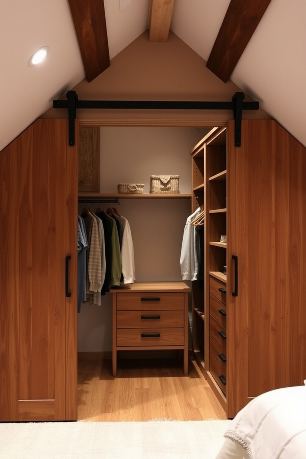 A cozy attic closet featuring sliding barn doors that add rustic charm. The interior is well-organized with built-in shelves and hanging space, complemented by warm wood tones and soft lighting. A creative attic closet design that maximizes space with sliding barn doors for a stylish touch. The area includes a mix of open shelving and drawers, creating an inviting and functional storage solution.