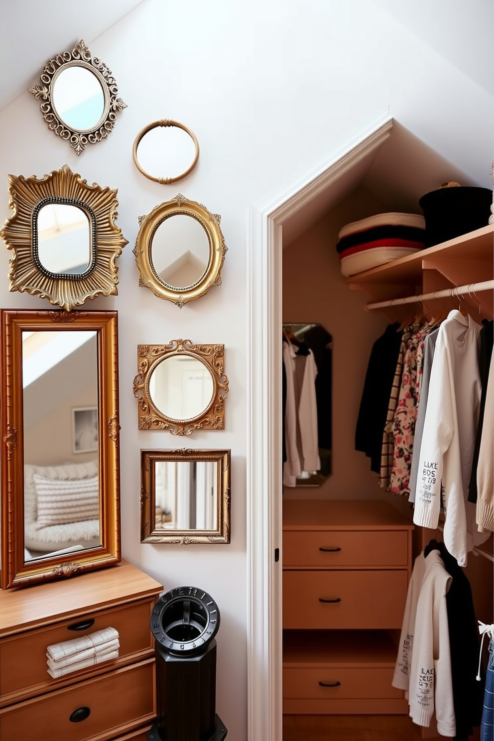 A collection of decorative mirrors is strategically placed on the walls to create an illusion of a larger space. Each mirror features a unique frame that complements the overall aesthetic of the room while enhancing natural light. The attic closet design incorporates built-in shelving and hanging space to maximize storage efficiency. Soft lighting and a cozy color palette make the closet feel inviting and functional.