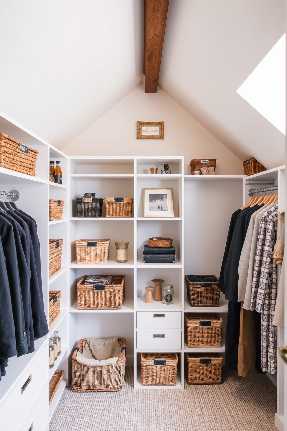 Open shelving with decorative baskets creates an inviting and organized space. The shelves are filled with a mix of stylish baskets and curated decor items, enhancing the room's aesthetic. Attic closet design ideas maximize storage while maintaining a cozy atmosphere. The design features sloped ceilings with built-in shelving and hanging space, complemented by soft lighting to create a warm ambiance.