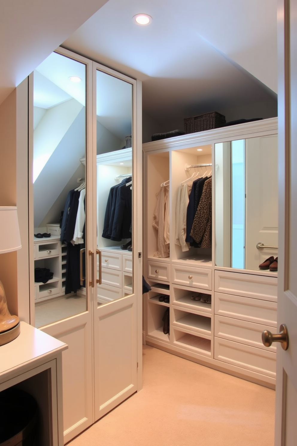 A cozy attic closet featuring mirrored doors that enhance natural light and create a sense of spaciousness. The design incorporates built-in shelving and hanging space, complemented by soft, ambient lighting to highlight the elegant finishes.