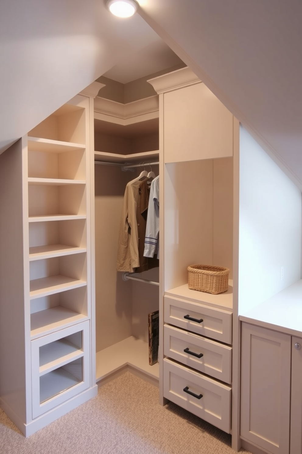 Customized cabinetry for unique shapes. This design features built-in shelves that follow the contours of the attic walls, maximizing space and providing a seamless look. Attic closet design ideas. The closet includes a combination of hanging space and drawers, utilizing sloped ceilings to create a cozy and functional storage solution.