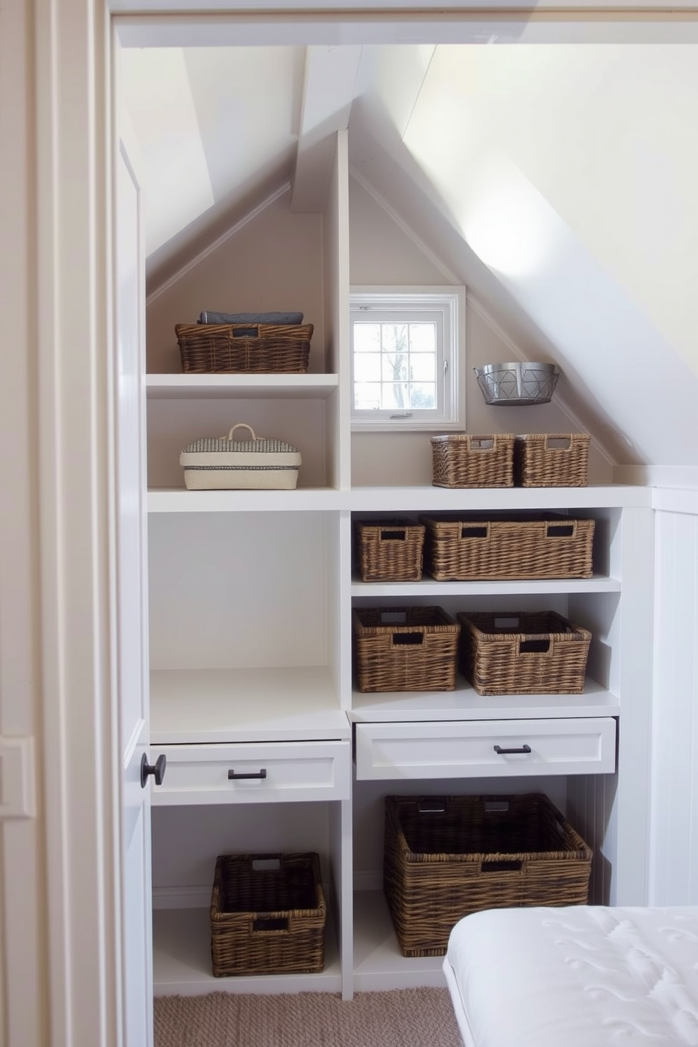 Under-eave storage for small items in an attic closet. The design features custom-built shelves and drawers that maximize the sloped ceiling space while maintaining easy access. The closet is painted in a soft white color to enhance the natural light from the small window. Decorative baskets are used for organization, providing a stylish yet functional solution for storing small items.