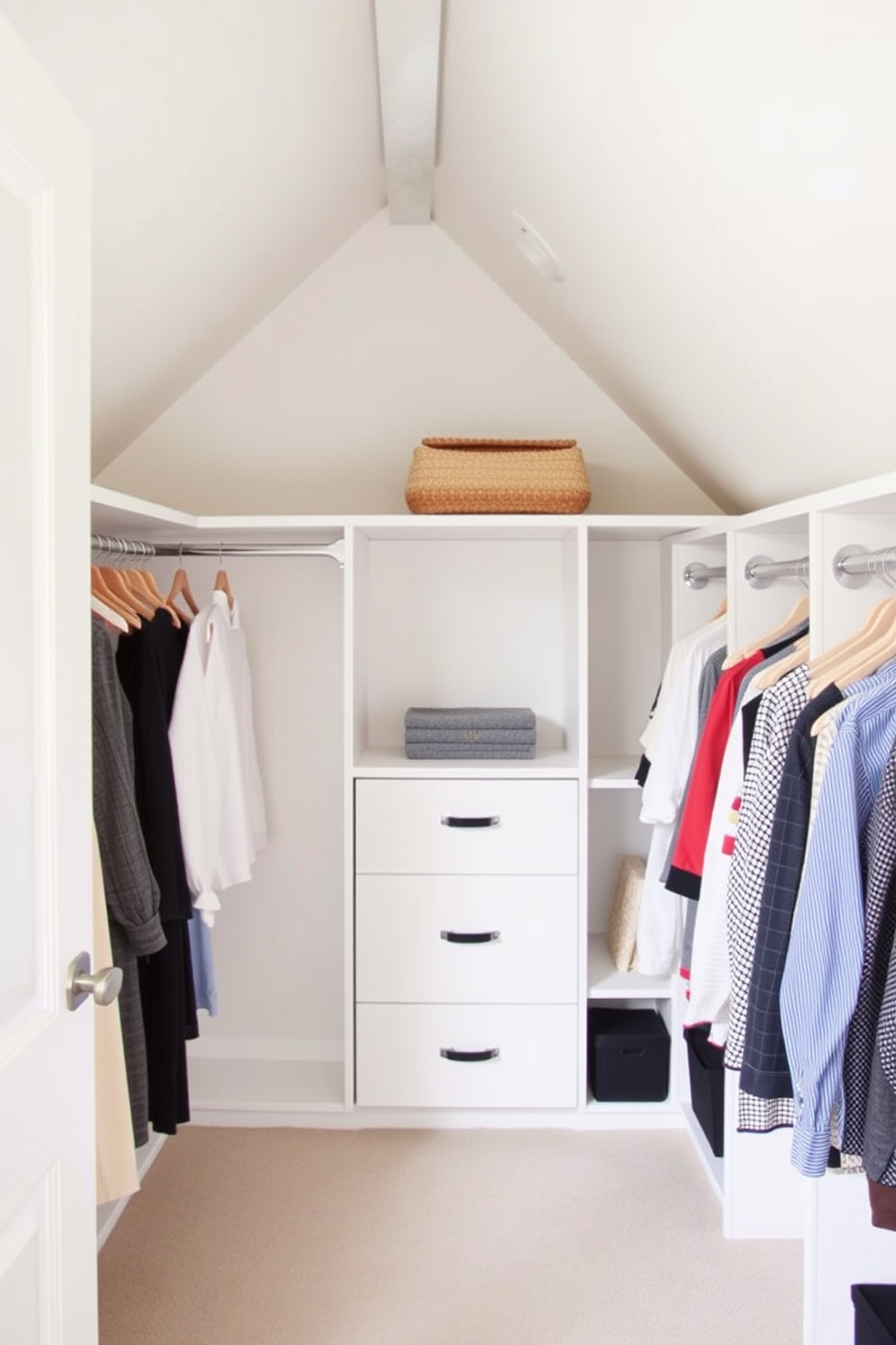 Design an attic closet featuring hanging rods for easy access to clothes. The space should be bright and airy, with sloped ceilings and built-in shelving for additional storage.