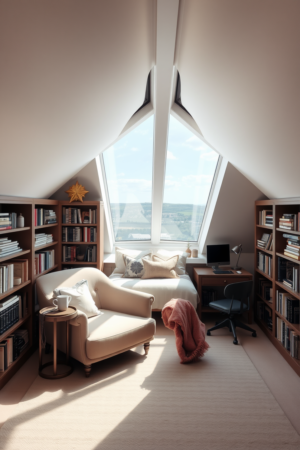 Cozy reading nook with skylight seating. The nook features a plush armchair in soft fabric, positioned beneath a large skylight that floods the space with natural light. Surrounding the chair are built-in bookshelves filled with an array of books and decorative items. A small side table holds a steaming cup of tea and a cozy blanket draped over the armchair invites relaxation. Attic conversion design ideas. The space is transformed into a stylish bedroom with sloped ceilings and large windows that provide stunning views. A comfortable bed is centered against the wall, adorned with soft linens and decorative pillows. A small workspace with a desk and chair is tucked into one corner, maximizing functionality while maintaining a cozy atmosphere.