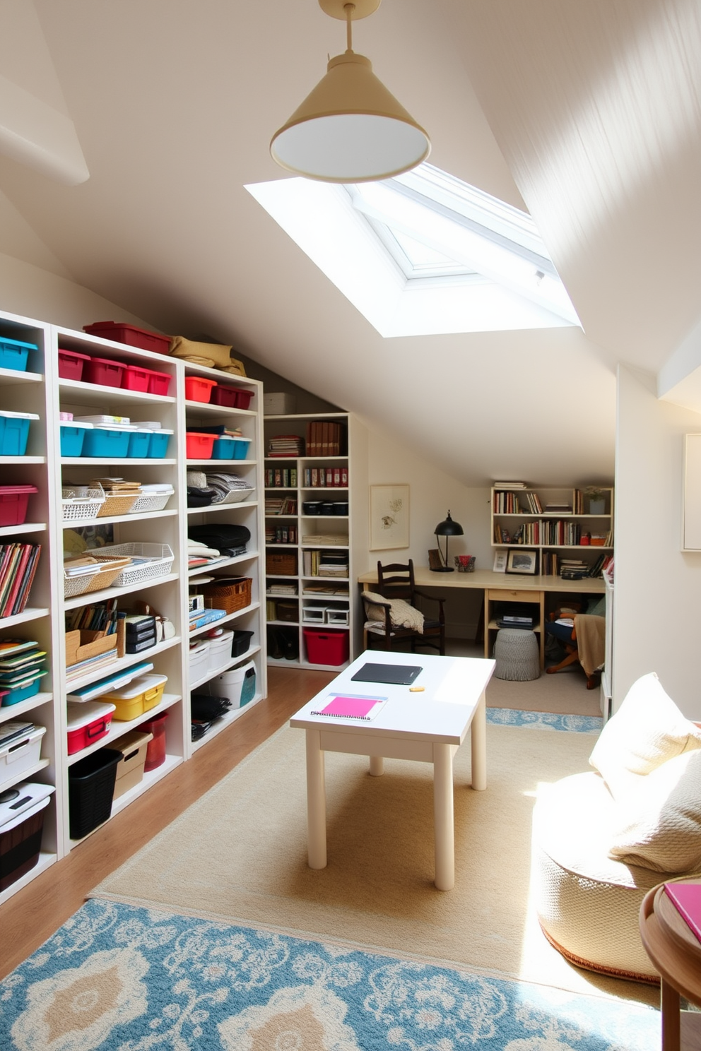 A cozy craft room filled with organized supplies and a spacious workspace. Shelves lined with colorful bins hold various materials, while a large table in the center provides ample space for projects. An inviting attic conversion designed for relaxation and creativity. Skylights allow natural light to flood the room, highlighting a comfortable reading nook with plush seating and a small desk for artistic endeavors.