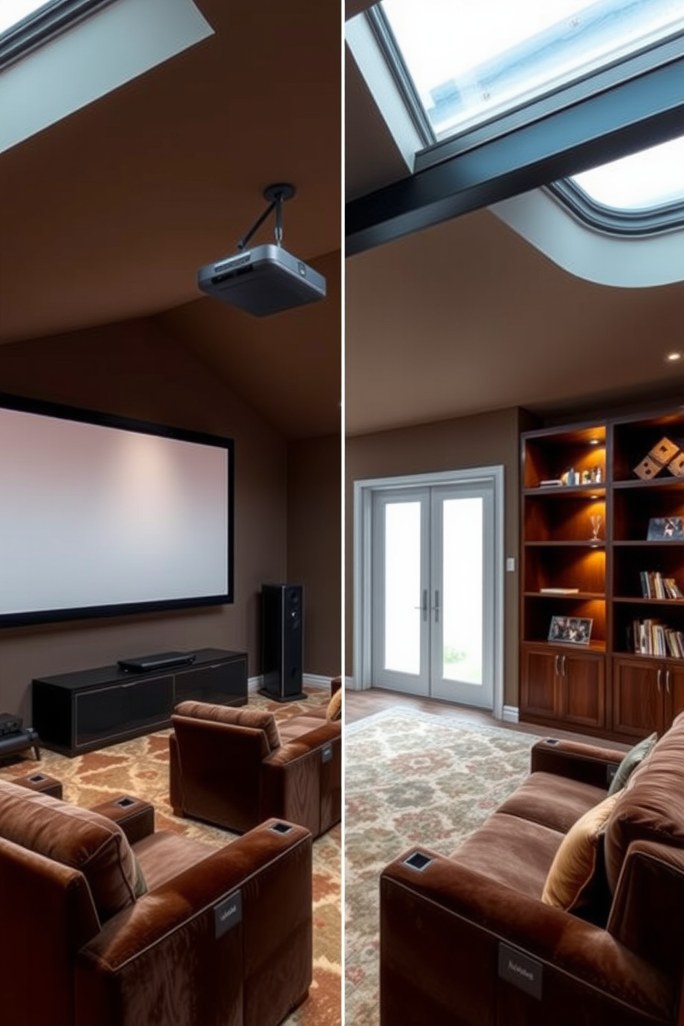 A luxurious home theater featuring a large projector screen mounted on the wall. The room is equipped with a high-end surround sound system and plush velvet seating arranged for optimal viewing. A cozy attic conversion designed to maximize space and light. The design includes sloped ceilings, skylights, and a comfortable reading nook with built-in shelves and soft lighting.