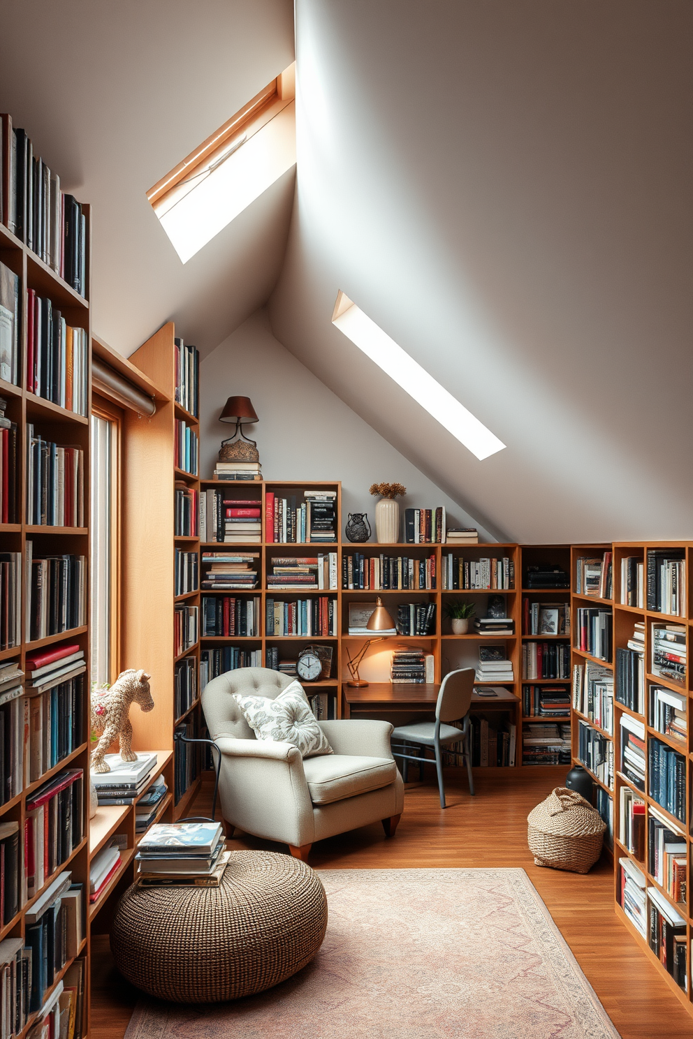 A cozy library with floor-to-ceiling bookshelves filled with a diverse collection of books. A comfortable reading nook is situated by a large window, featuring a plush armchair and a small side table. An attic conversion designed for relaxation and creativity with sloped ceilings and skylights. The space includes a small workspace with a desk and chair, surrounded by soft lighting and decorative elements that inspire productivity.