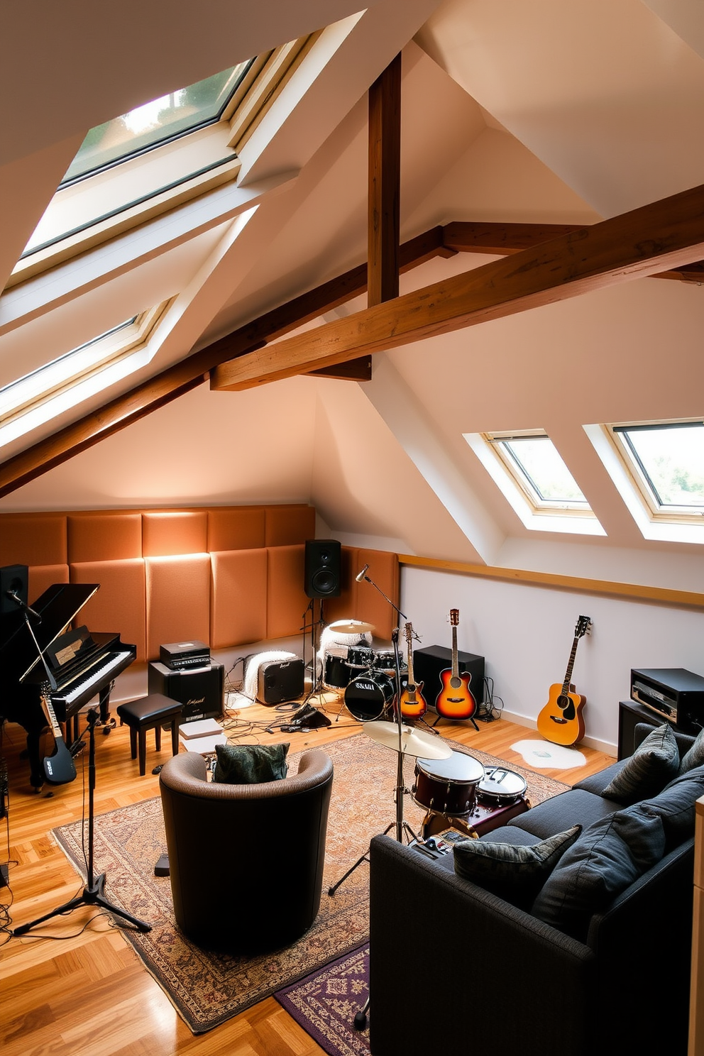 A cozy music room featuring soundproof walls to ensure a perfect acoustic environment. Various instruments including a grand piano, guitars, and a drum set are elegantly arranged, with comfortable seating for guests. An inviting attic conversion designed as a multifunctional space. Skylights flood the room with natural light, showcasing a blend of modern decor and rustic elements like exposed beams and warm wooden flooring.