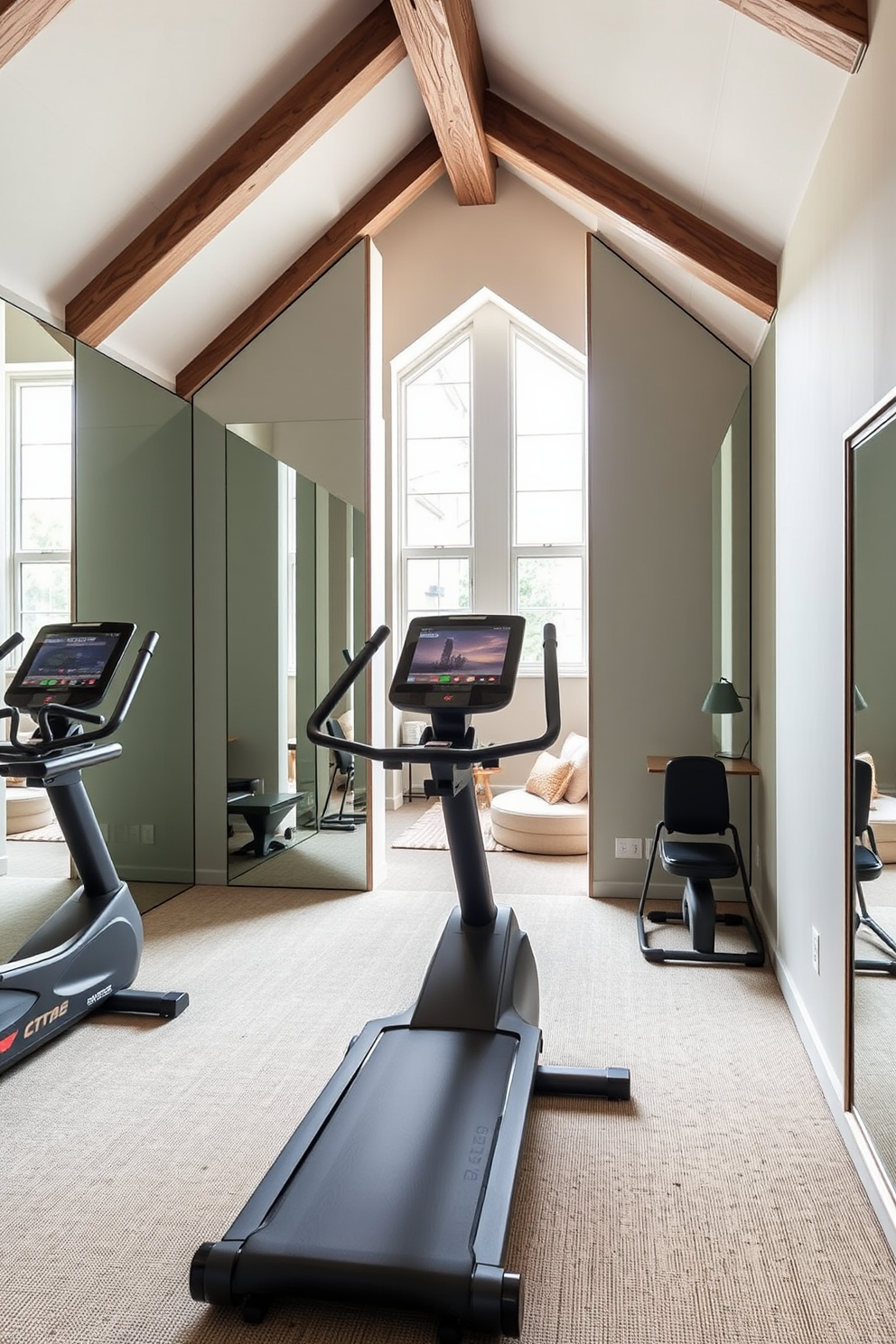 A modern home gym featuring state-of-the-art exercise equipment. The walls are lined with large mirrors to create an open and airy feel while enhancing the workout experience. An inviting attic conversion designed as a cozy retreat. It includes a comfortable seating area with a plush sofa and a small desk by the window, surrounded by exposed wooden beams and soft lighting.