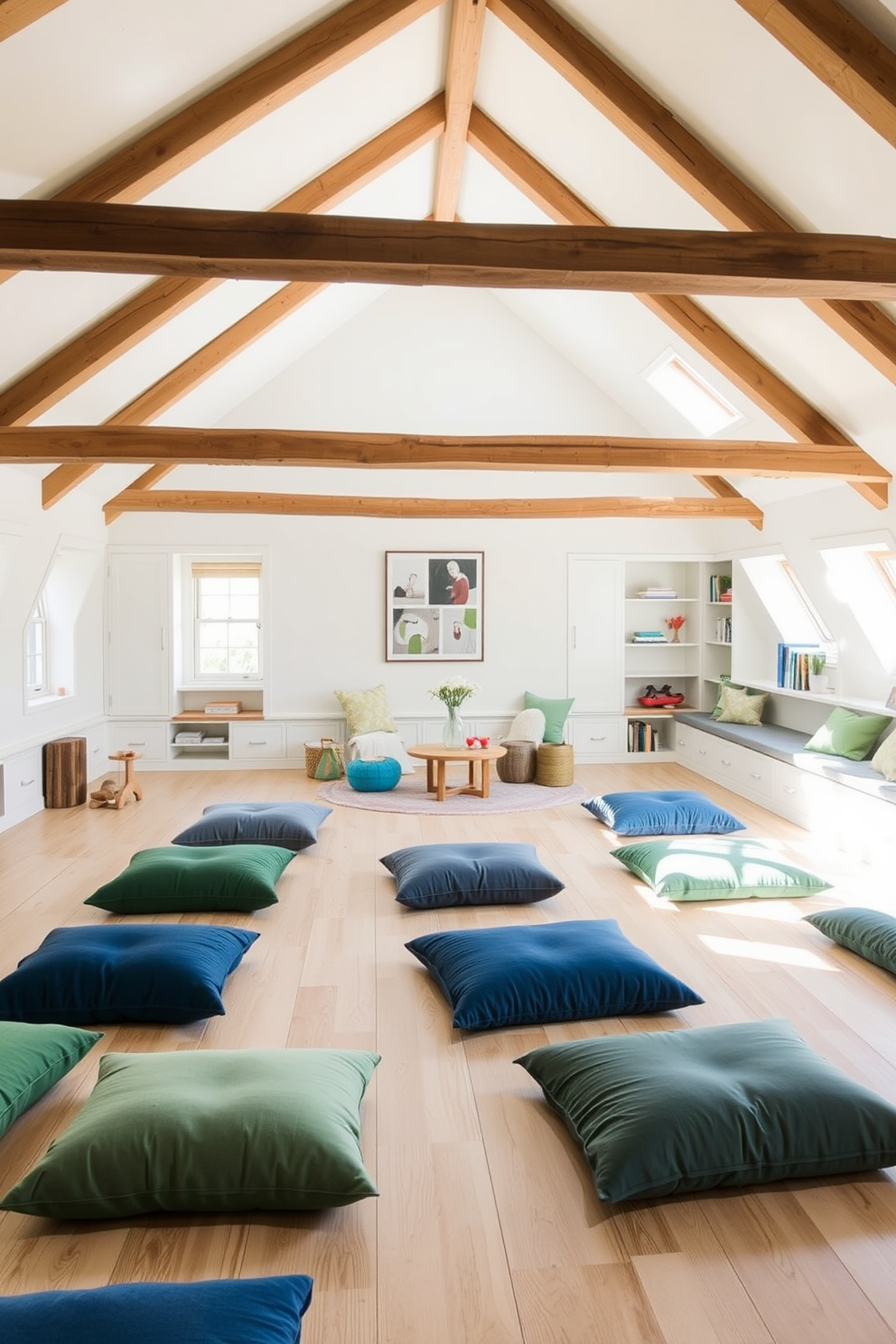 A serene meditation room filled with natural light. Soft cushions in various shades of blue and green are scattered on a light wooden floor, creating a peaceful space for relaxation. An attic conversion designed for comfort and style. Exposed beams frame the room, while cozy seating areas and built-in shelves maximize the use of space, blending functionality with charm.