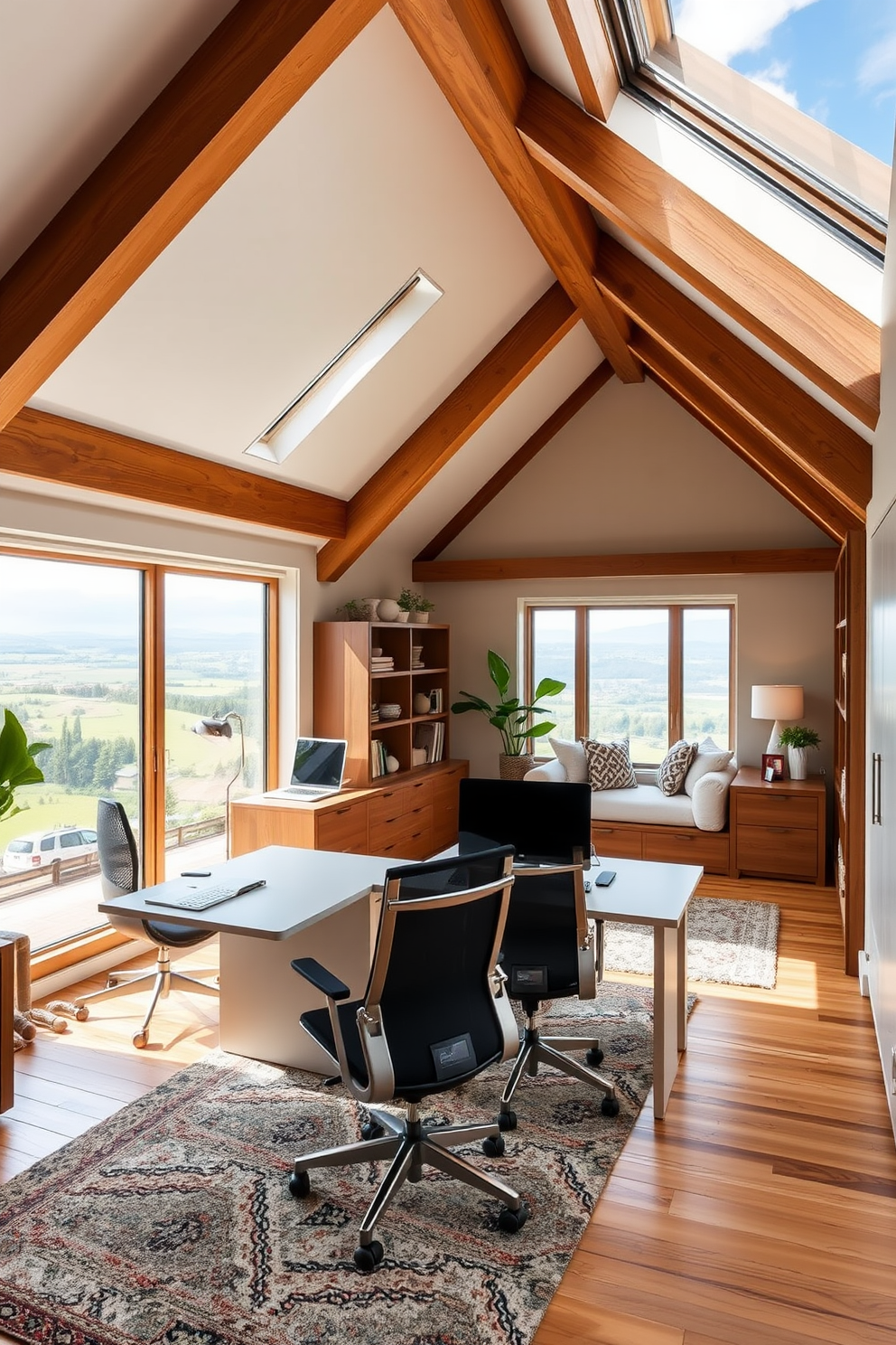 A modern home office featuring dual workstations positioned to maximize natural light and provide stunning views of the surrounding landscape. Each workstation is equipped with sleek ergonomic chairs and minimalist desks, complemented by stylish shelving and decorative plants. An inviting attic conversion with a cozy reading nook and ample storage solutions. The space is adorned with warm wooden beams, soft lighting, and a plush area rug, creating a perfect blend of functionality and comfort.