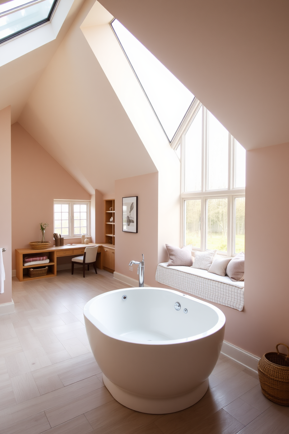 A spa-like bathroom featuring a large soaking tub positioned beneath expansive windows that allow natural light to flood the space. The walls are adorned with soft, calming colors, and the floor is covered in light wood planks for a warm and inviting atmosphere. An attic conversion designed to maximize space and light, featuring sloped ceilings and skylights that create an airy feel. The room includes a cozy reading nook with built-in shelves and a small desk area, complemented by soft textiles and warm lighting.