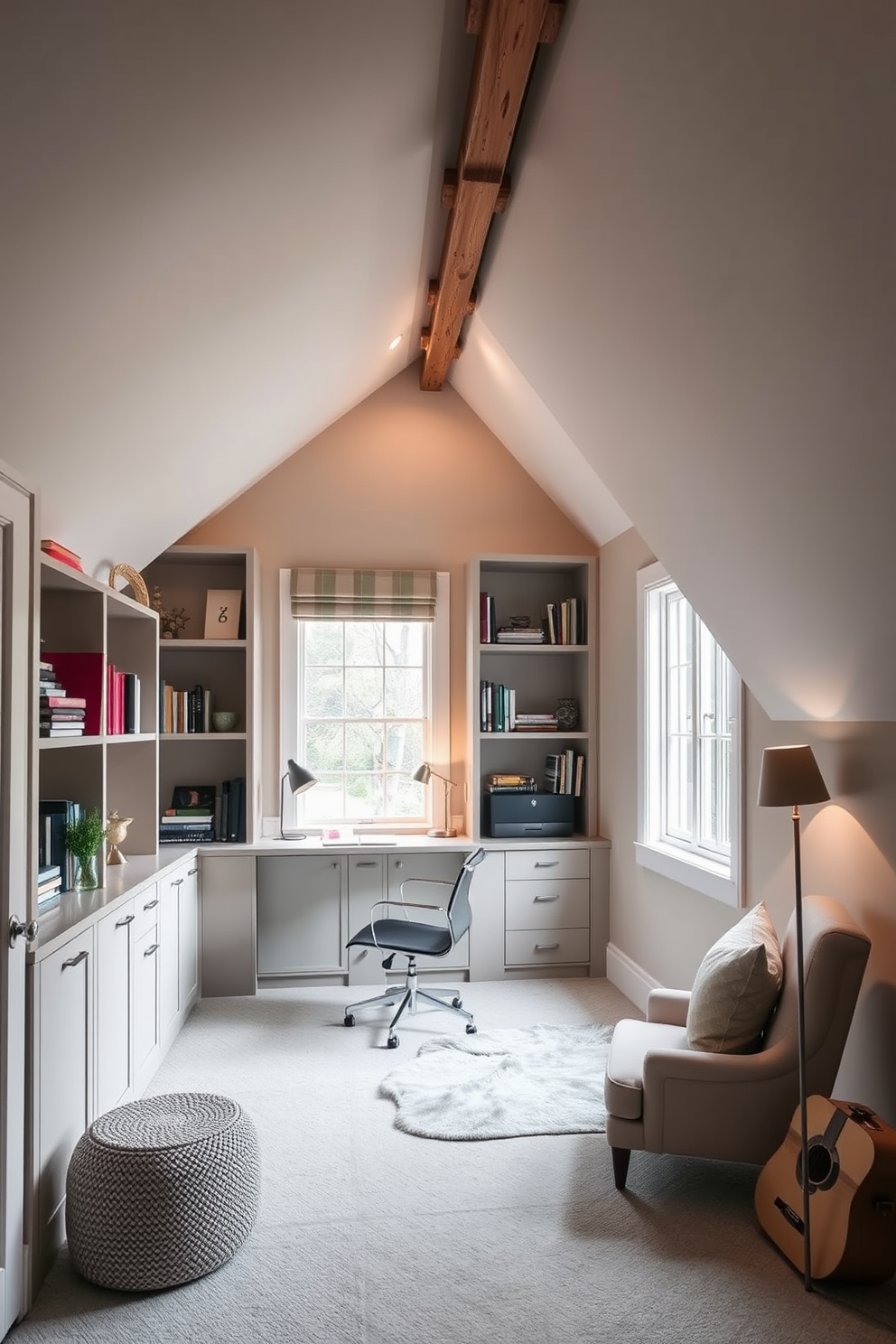 A stylish home office featuring built-in shelves that stretch from floor to ceiling. The desk is positioned near a large window, allowing natural light to illuminate the space. An inviting attic conversion with sloped ceilings and cozy nooks. Soft lighting and warm colors create a comfortable atmosphere for work or relaxation.