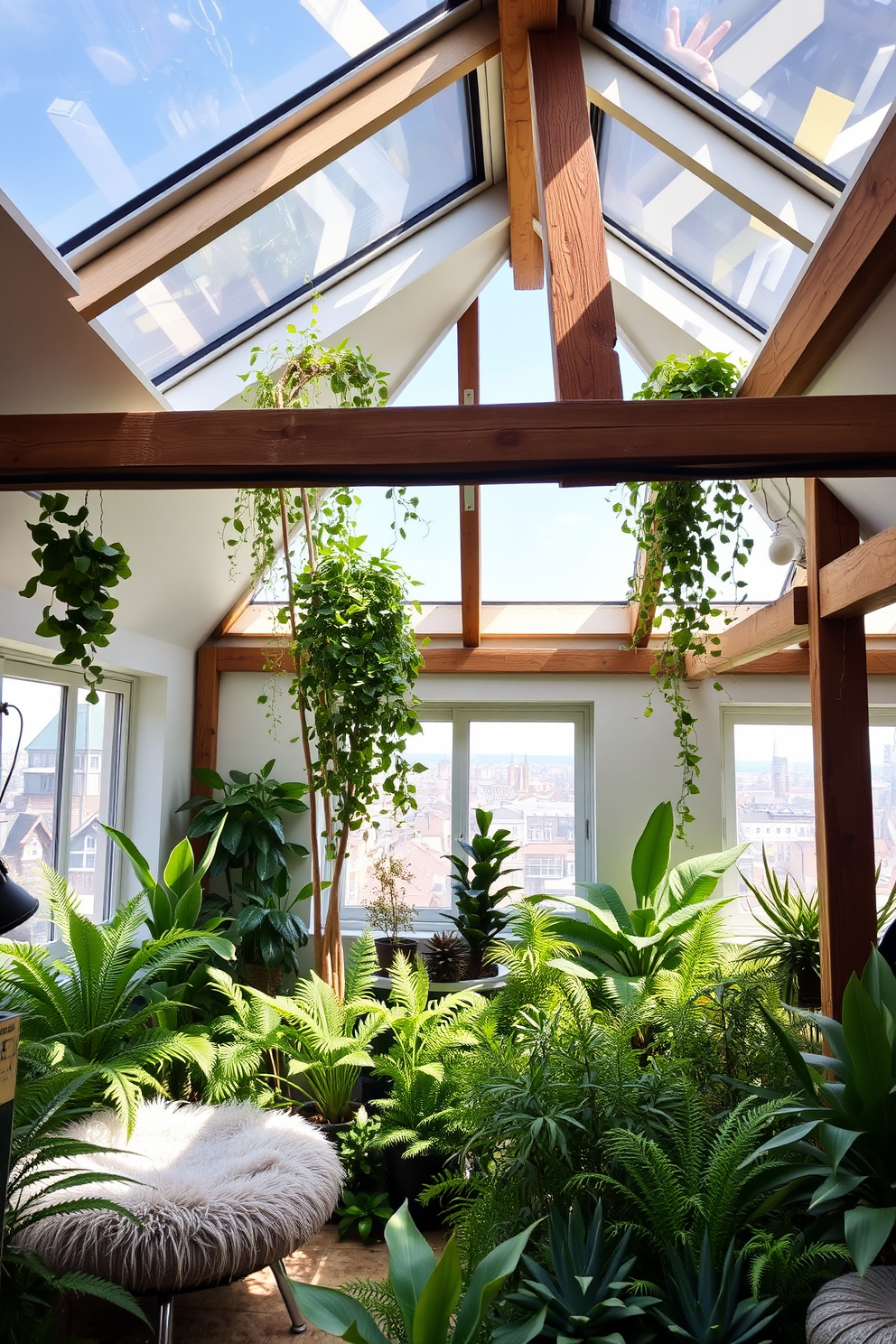 Indoor garden with plants and natural light. The space is filled with various greenery, including ferns and succulents, basking in sunlight from large skylights above. Attic conversion design ideas. The room features exposed beams and a cozy reading nook with a plush chair, while large windows invite natural light and offer a view of the skyline.