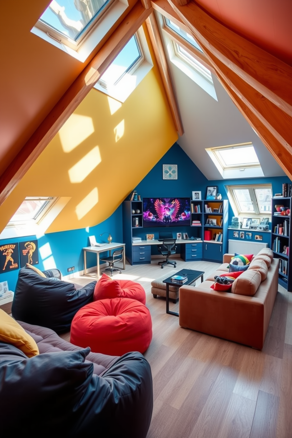 A vibrant teen hangout space designed for relaxation and entertainment. The room features plush bean bags and a large sectional sofa, with a wall-mounted TV showcasing the latest gaming consoles. The walls are painted in a bold color, complemented by LED strip lighting for a modern touch. A gaming table is set up in one corner, surrounded by colorful posters and artwork that reflect the interests of the teens. An attic conversion that maximizes natural light and creates a cozy atmosphere. The space includes a small lounge area with a comfortable sofa and a desk for studying, all under exposed wooden beams. Large skylights allow sunlight to flood in, highlighting the warm wood tones and soft furnishings. A creative use of space includes built-in shelves filled with books and decorative items, making it both functional and inviting.