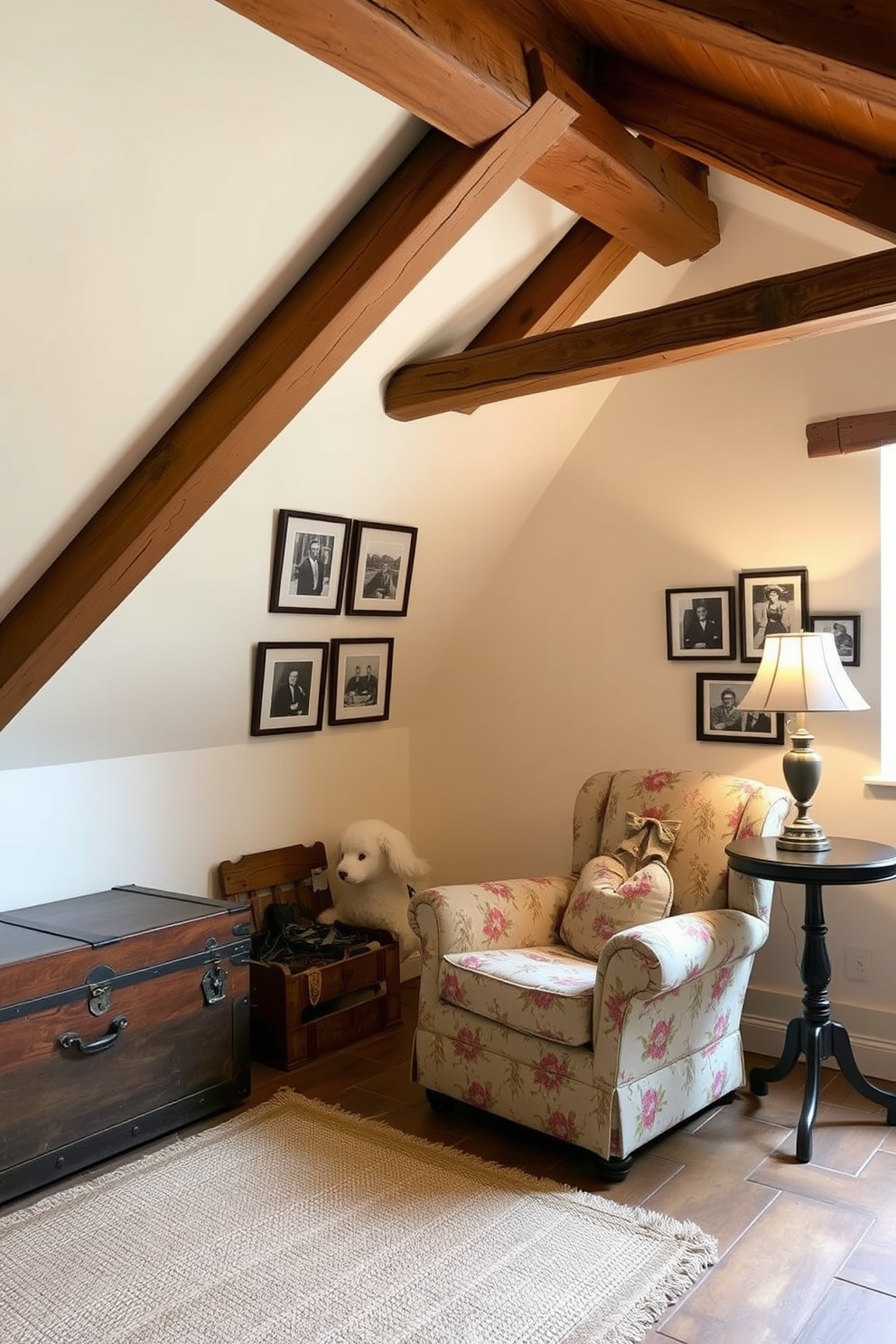 A vintage style attic features rustic wooden beams and a sloped ceiling that adds character to the space. The room is furnished with an antique wooden trunk, a plush armchair upholstered in faded floral fabric, and a small round table that holds a vintage lamp. The walls are painted in a soft cream color, enhancing the warmth of the natural wood elements. A woven rug lies on the floor, and a collection of framed black and white photographs is displayed on one wall, creating a cozy and inviting atmosphere.