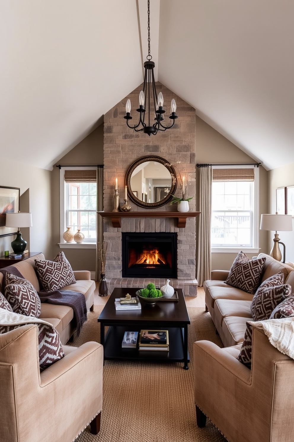 A cozy den featuring a warm fireplace as the focal point. Plush seating arrangements with soft throw blankets create an inviting atmosphere for relaxation. An attic conversion designed to maximize space and light. Large windows allow natural light to flood the room, highlighting the elegant furnishings and unique decor.