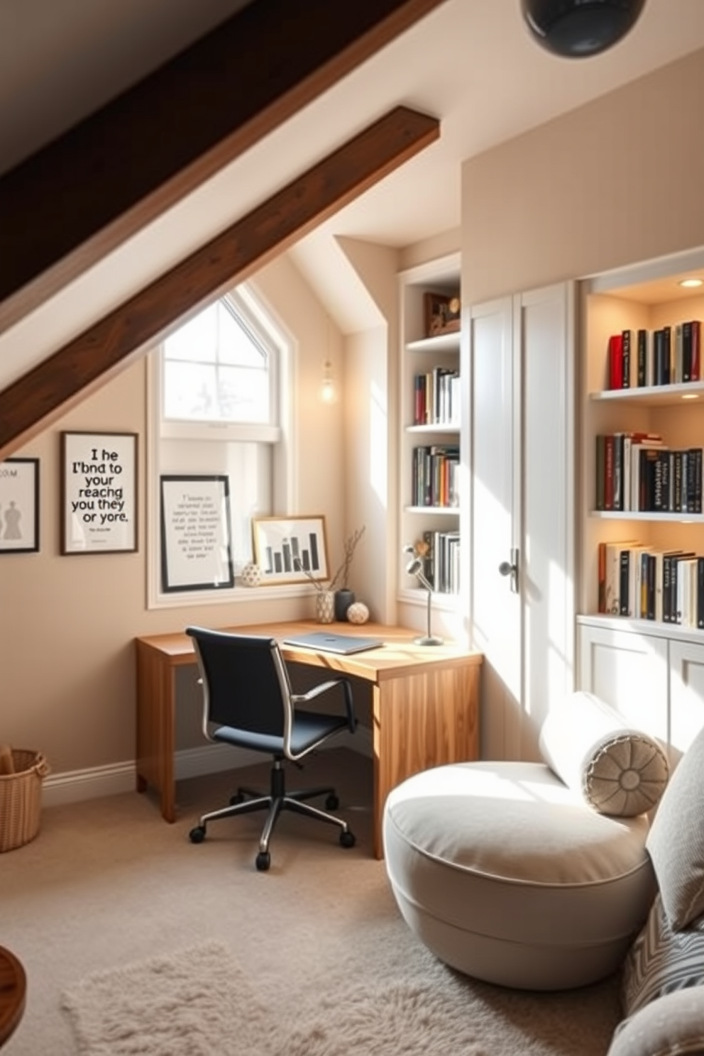 A cozy study area featuring a sleek wooden desk positioned near a window that allows natural light to flood the space. Inspirational decor adorns the walls, including framed quotes and a vision board, creating an atmosphere that encourages creativity and focus. An attic conversion designed for comfort and functionality, showcasing a spacious layout with sloped ceilings. The space includes a comfortable reading nook with plush seating, built-in shelves filled with books, and soft ambient lighting to enhance the cozy vibe.