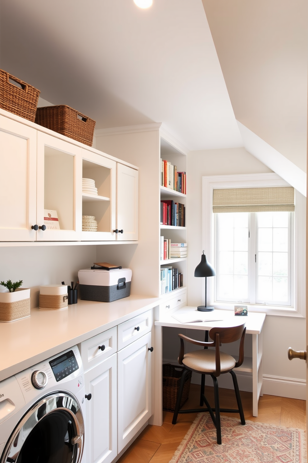 Bright laundry room with organized storage. The space features white cabinetry with open shelving, and a large window allows natural light to flood in. Attic conversion design ideas. The room is transformed into a cozy workspace with sloped ceilings, featuring a stylish desk and built-in bookshelves.