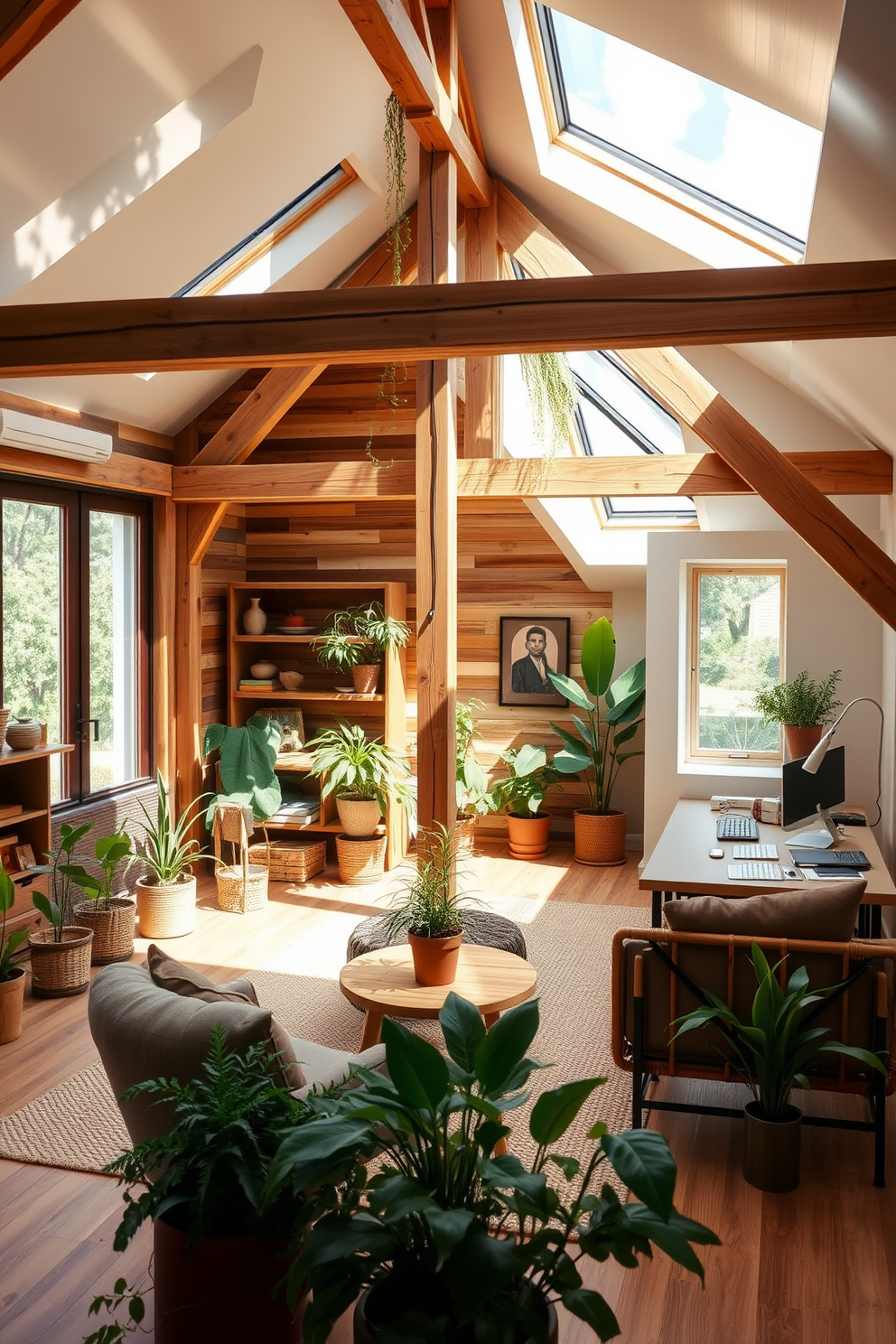 A sustainable living space featuring eco-friendly materials. The walls are adorned with reclaimed wood, and large windows allow natural light to flood the room. The furniture is made from bamboo and recycled metal, creating a harmonious blend of style and sustainability. Potted plants are strategically placed throughout the space, enhancing the connection to nature and promoting a healthy indoor environment. For the attic conversion, the design emphasizes open space and natural light. Exposed beams create a rustic charm, while skylights brighten the area and offer stunning views of the sky. The layout includes a cozy reading nook with built-in shelves, and a small workspace that maximizes functionality. Soft, neutral tones on the walls complement the warm wood accents, creating a serene atmosphere.