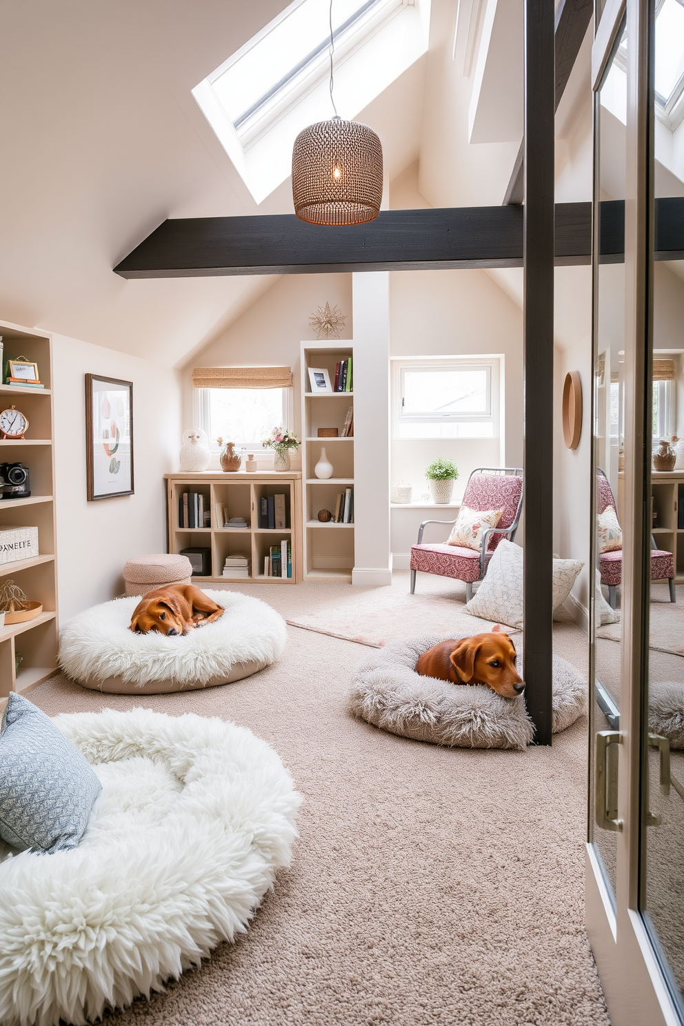 A cozy pet-friendly area featuring plush pet beds in soft, neutral tones. The space is adorned with durable, easy-to-clean materials and includes playful decor elements that reflect a warm and inviting atmosphere. An attic conversion designed to maximize natural light with large skylights and open spaces. The design incorporates built-in shelving and cozy nooks, creating a multifunctional area perfect for relaxation or work.