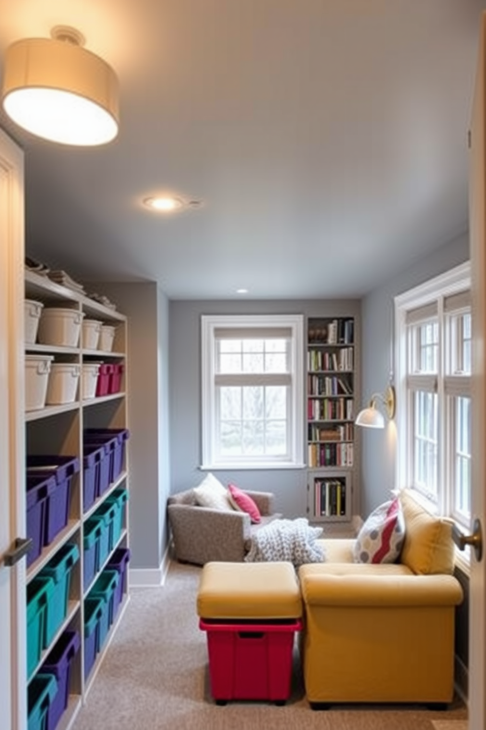 A seasonal storage area featuring neatly organized bins in various colors. The space is well-lit with overhead lighting, and the walls are painted in a soft gray to enhance the brightness. Attic conversion design ideas showcasing a cozy reading nook with built-in bookshelves. The area is adorned with plush seating, warm lighting, and large windows that allow natural light to flood the space.