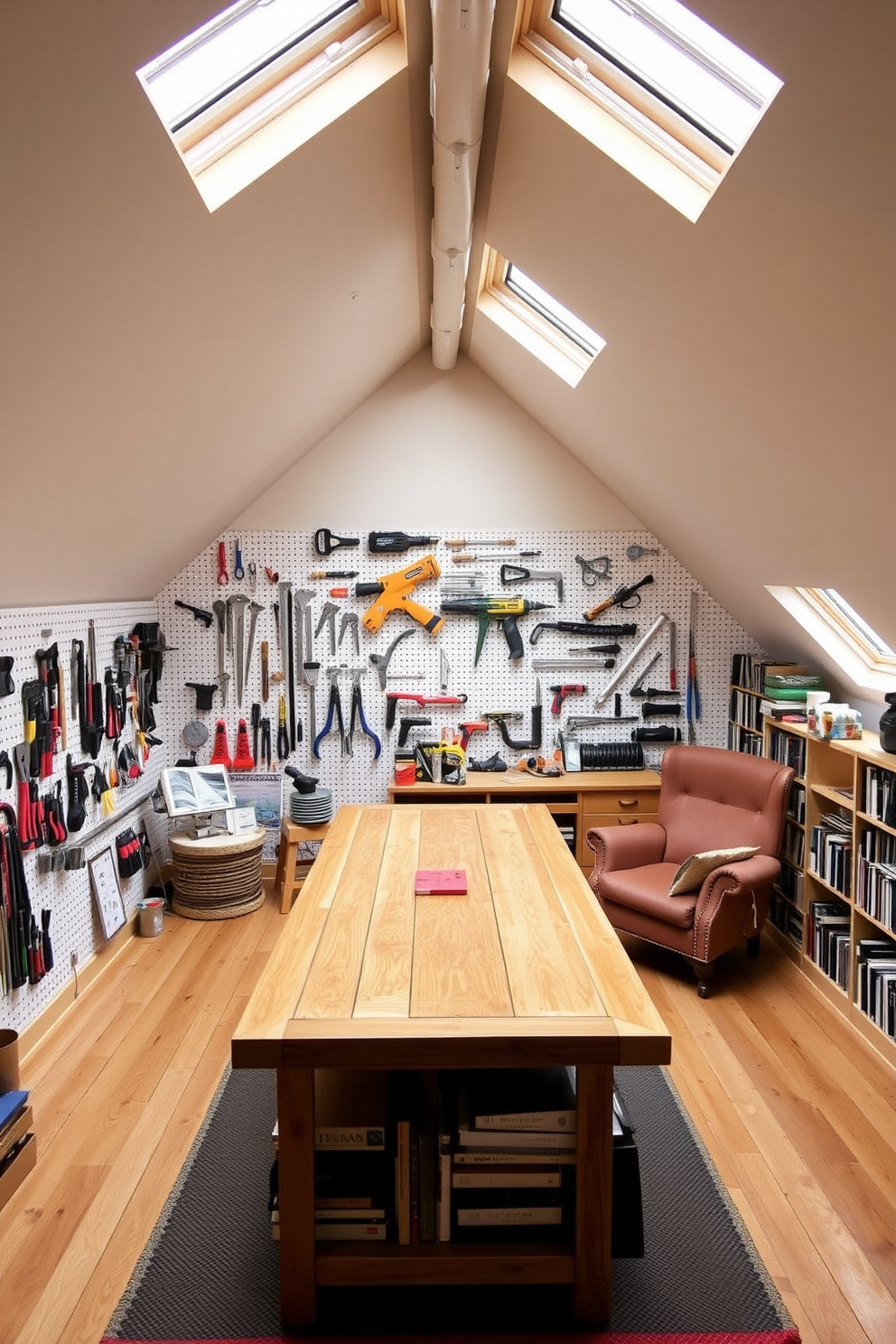 A hobby room filled with an array of tools and a spacious workspace. The walls are lined with pegboards displaying colorful tools, and a large wooden workbench occupies the center of the room. Attic conversion design featuring cozy nooks and functional spaces. The room is adorned with sloped ceilings, skylights for natural light, and a reading corner with a plush armchair and bookshelves.