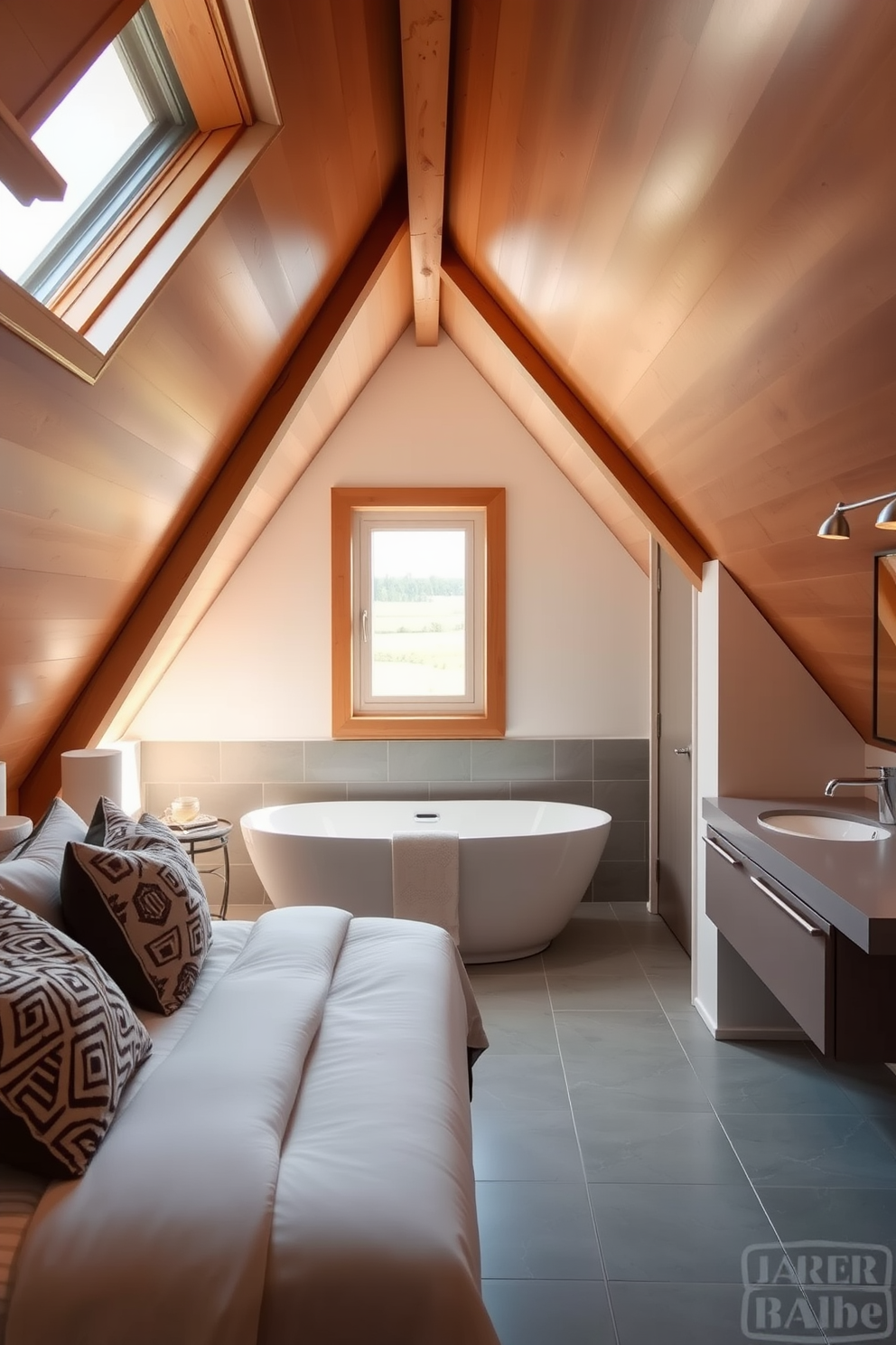 A cozy guest bedroom with sloped ceilings features a plush queen-sized bed dressed in soft linens and an array of decorative pillows. Natural light pours in through a large skylight, illuminating the warm wood tones of the exposed beams and the inviting reading nook by the window. The en-suite bathroom showcases a stylish freestanding tub positioned beneath a charming window, offering a view of the surrounding landscape. Sleek tiles in a soft gray tone complement the contemporary fixtures, while a floating vanity with elegant lighting adds a touch of luxury to the space.