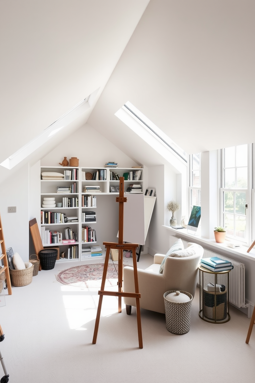 Art studio with natural light and easel. The room features large windows that allow sunlight to flood in, illuminating the space. The walls are painted in a soft white, providing a clean backdrop for creativity. An easel stands in the center, surrounded by various art supplies and finished canvases. Attic conversion design ideas. The space is transformed into a cozy reading nook with a sloped ceiling and skylights. A plush armchair is positioned beneath a window, complemented by built-in shelves filled with books and decorative items.