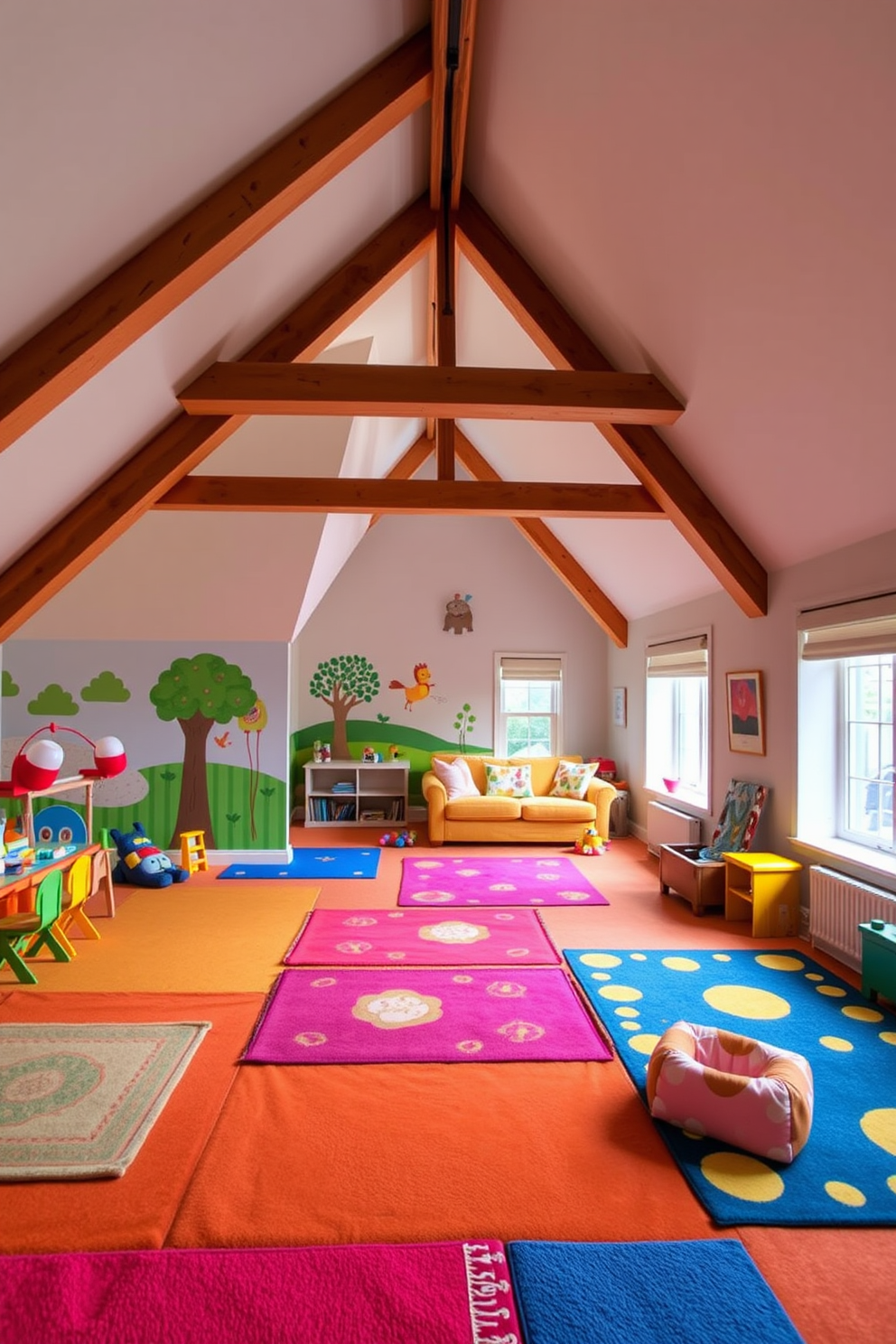 A colorful children's playroom filled with soft, cushioned flooring for safety. Brightly colored rugs are scattered across the floor, and the walls are adorned with playful murals of animals and nature. An inviting attic conversion designed as a cozy retreat. Exposed wooden beams create a warm atmosphere, while large windows allow natural light to flood the space, showcasing a comfortable seating area with plush furnishings.