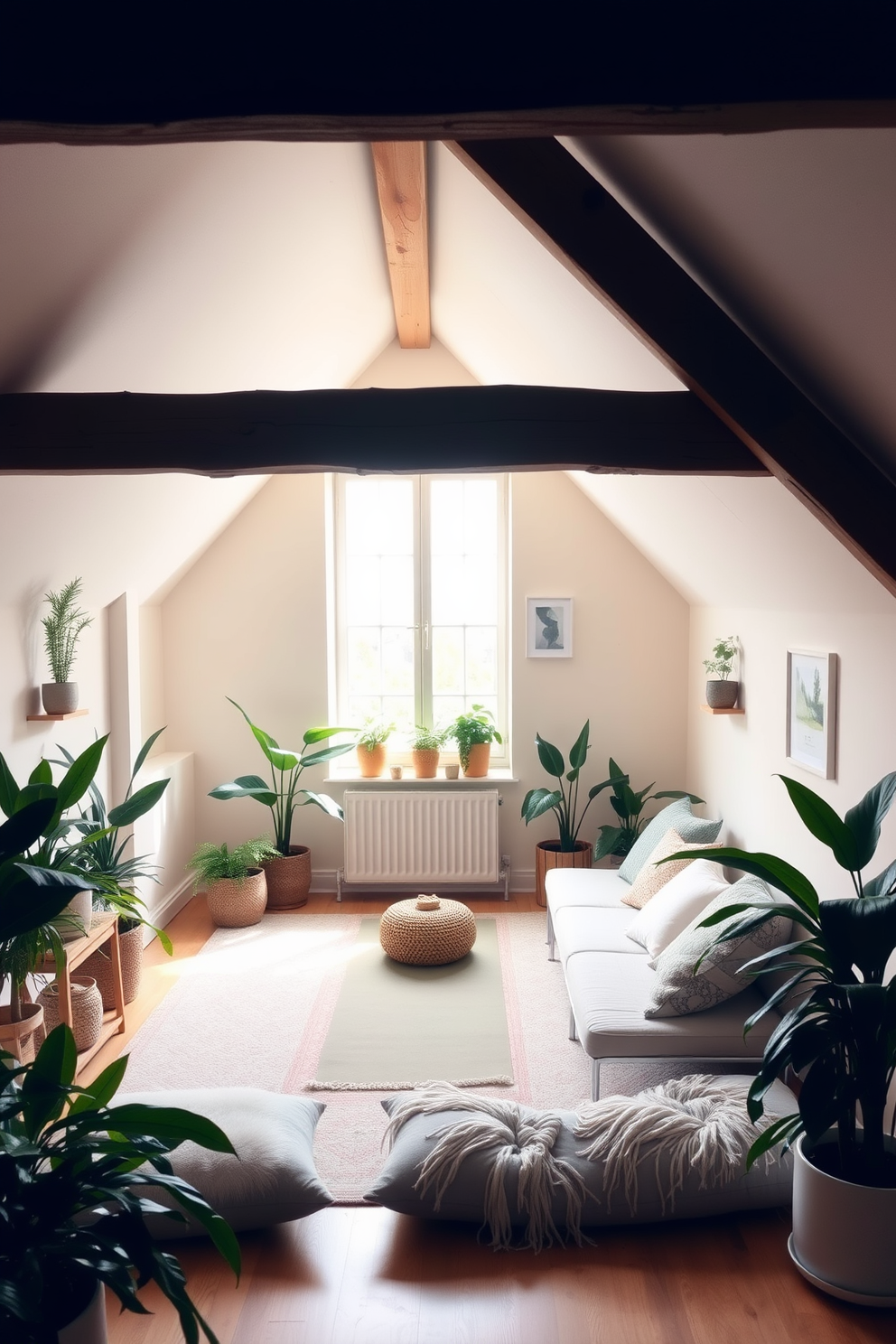 A serene yoga space adorned with calming decor and lush green plants. The walls are painted in soft pastel hues, and a large window allows natural light to flood the room, creating a tranquil atmosphere. An attic conversion featuring cozy nooks and modern design elements. Exposed beams add character, while a comfortable seating area with plush cushions invites relaxation and creativity.