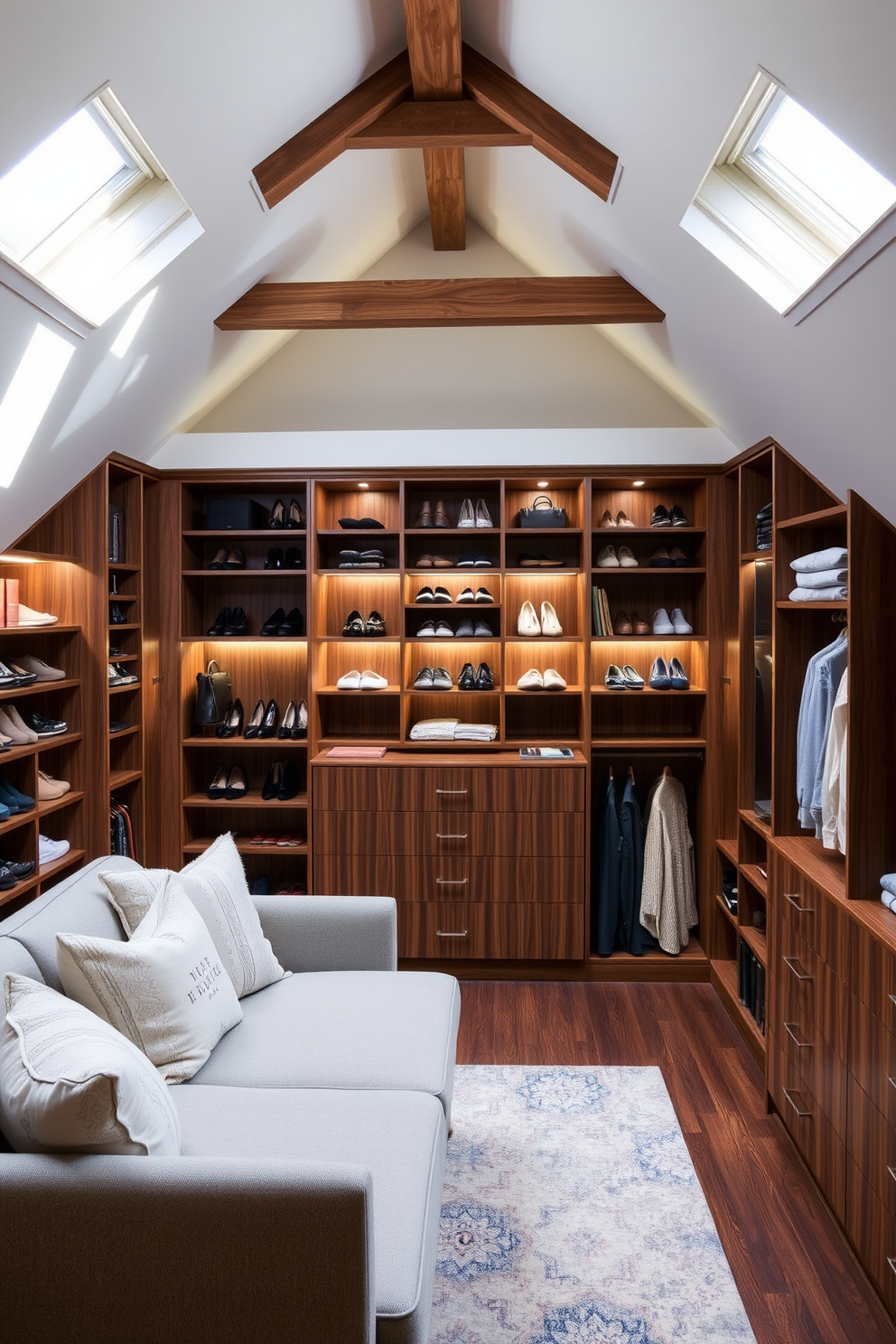 A luxurious walk-in closet featuring custom shelving solutions designed to maximize space. The shelves are made of rich walnut wood, with integrated lighting that highlights the organized collection of shoes and accessories. An inviting attic conversion designed to create a cozy living space. The room features exposed wooden beams, soft natural light streaming through skylights, and a comfortable seating area with plush cushions and a stylish coffee table.