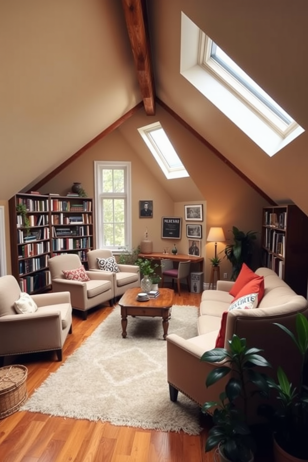 Cozy reading nook with skylights. There are plush armchairs in soft fabrics positioned around a small wooden table, inviting relaxation and comfort. The walls are painted in a warm beige tone, and the ceiling features exposed wooden beams. A large bookshelf filled with books lines one side, while a soft area rug adds warmth to the hardwood floor. Attic design ideas. The space is transformed into a serene retreat with a mix of vintage and modern furnishings. Large windows provide natural light, and a comfortable daybed is adorned with colorful cushions. A small desk in the corner offers a perfect spot for writing or studying, surrounded by potted plants for a touch of greenery.