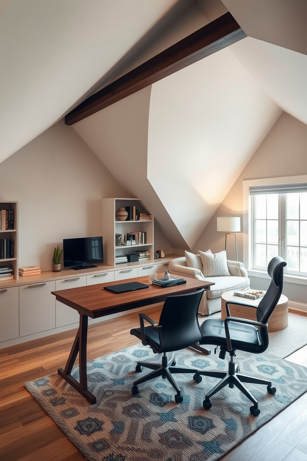 Stylish home office with ergonomic furniture. The room features a sleek wooden desk paired with a comfortable ergonomic chair, surrounded by shelves filled with books and decorative items. Attic design ideas. The space is transformed into a cozy retreat with sloped ceilings, featuring a plush seating area, soft lighting, and large windows that invite natural light.