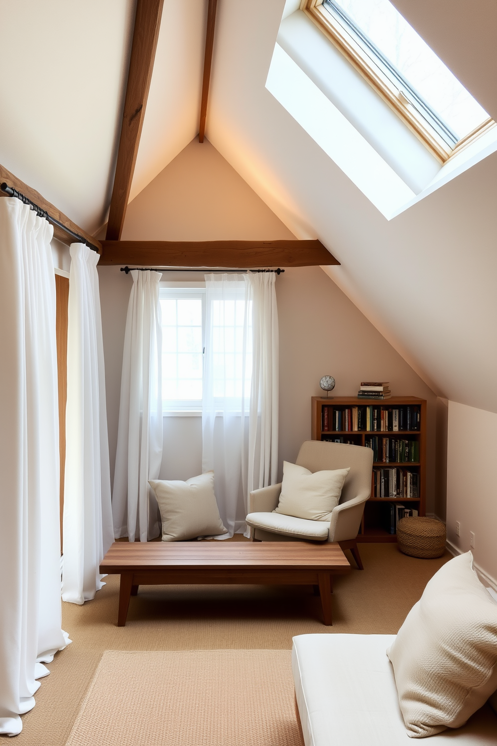 A serene meditation space with calming decor features soft natural light filtering through sheer curtains. The room is adorned with minimalistic furniture, including a low wooden bench and plush cushions in neutral tones. Attic design ideas include a cozy reading nook with a built-in bookshelf and a comfortable armchair. Exposed beams and skylights create an inviting atmosphere, while warm lighting enhances the space's charm.