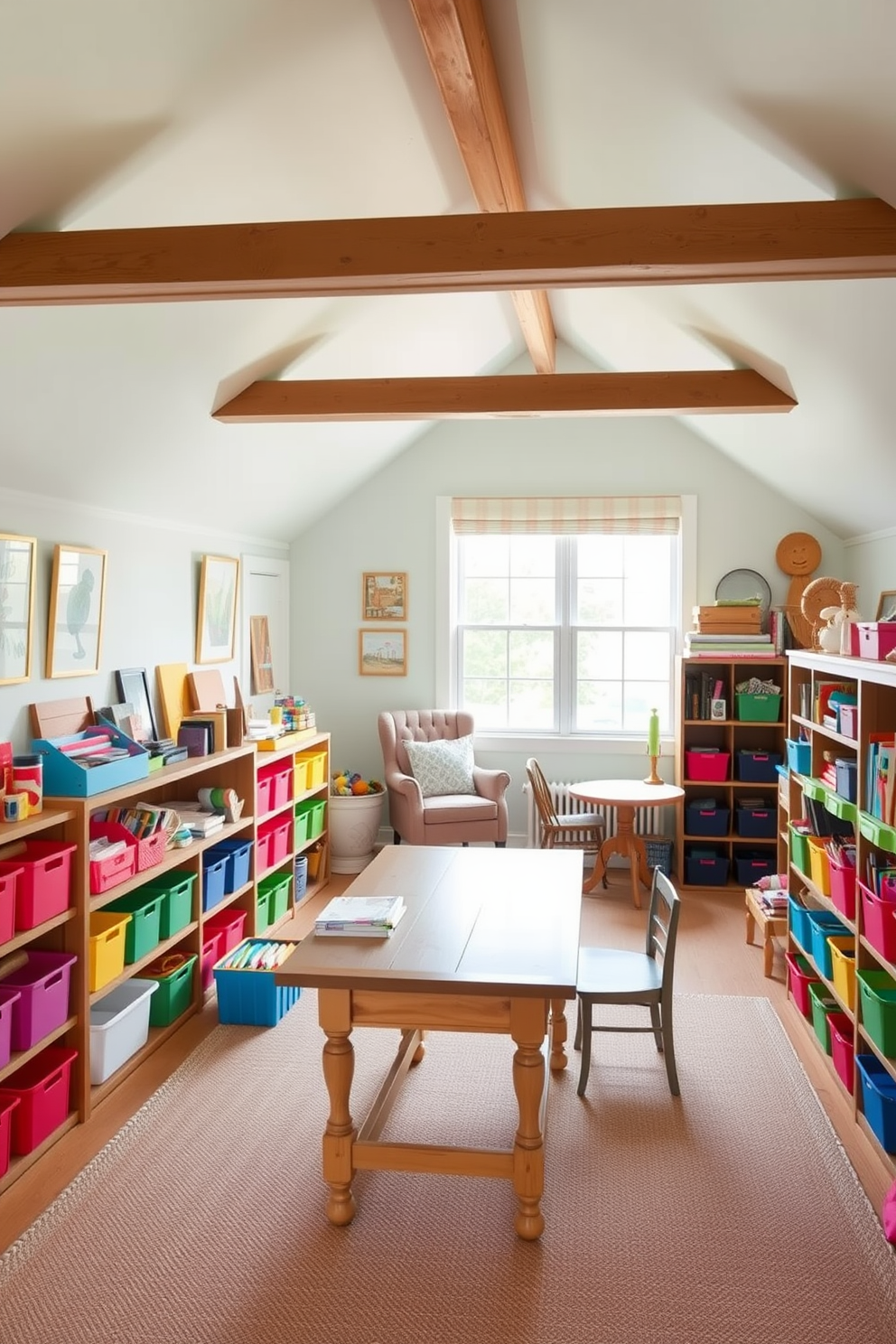 A whimsical craft room filled with organized supplies features a large wooden table at the center, surrounded by colorful storage bins and shelves. The walls are adorned with cheerful artwork, and a cozy reading nook with a plush chair is tucked into one corner. Attic design ideas showcase a bright and airy space transformed into a serene retreat. Exposed beams add character, while large windows invite natural light, creating an inviting atmosphere perfect for relaxation or creative pursuits.