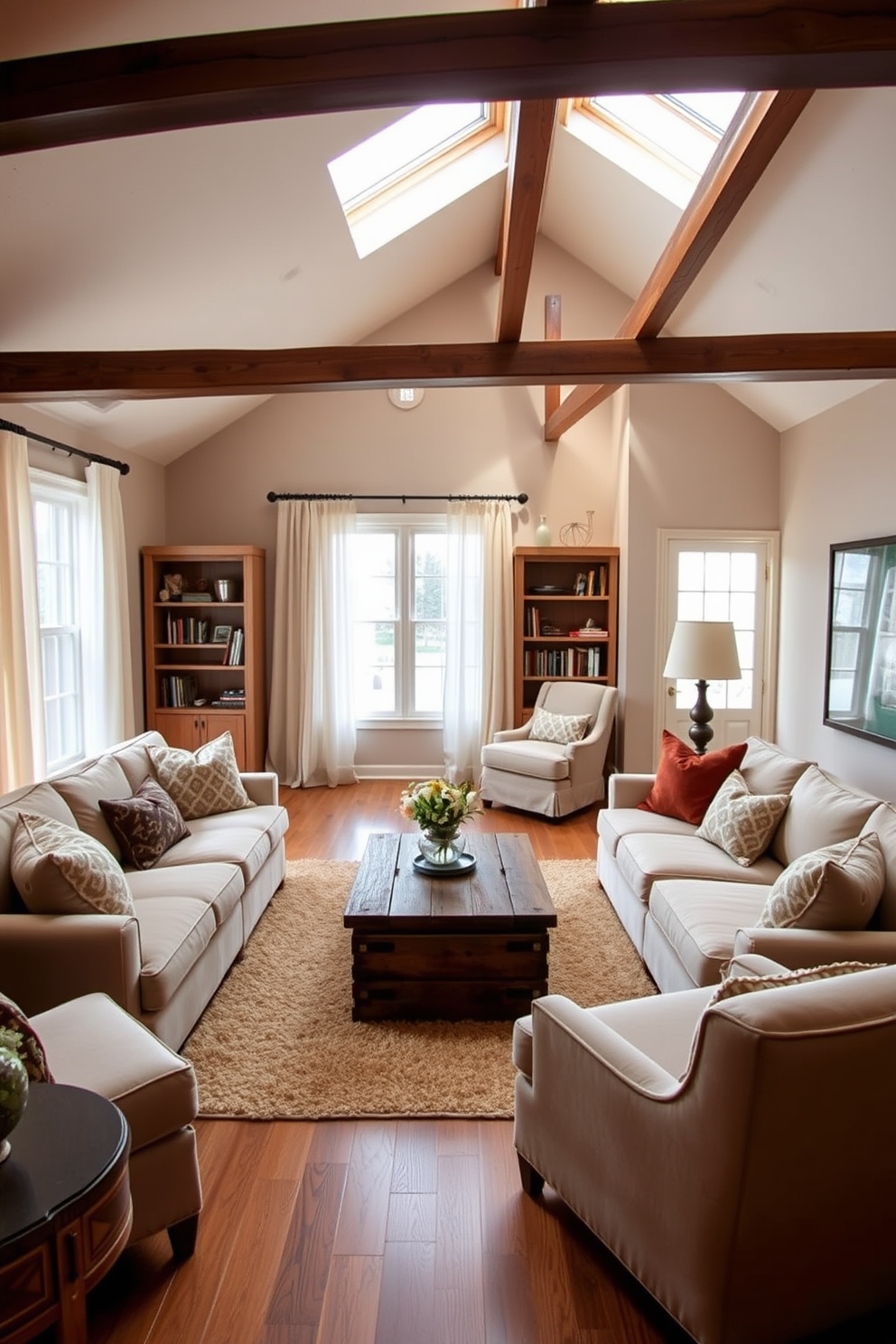 Warm family room with plush seating. The room features a large sectional sofa in soft beige, accented with colorful throw pillows. A rustic coffee table made of reclaimed wood sits in the center, surrounded by a cozy area rug. Large windows allow natural light to flood the space, while sheer curtains add a touch of elegance. Attic design ideas that maximize space and light. The area is transformed into a charming reading nook with built-in shelves, a comfortable armchair, and soft lighting. Exposed beams add character, while a skylight brings in additional sunlight, creating a warm and inviting atmosphere.