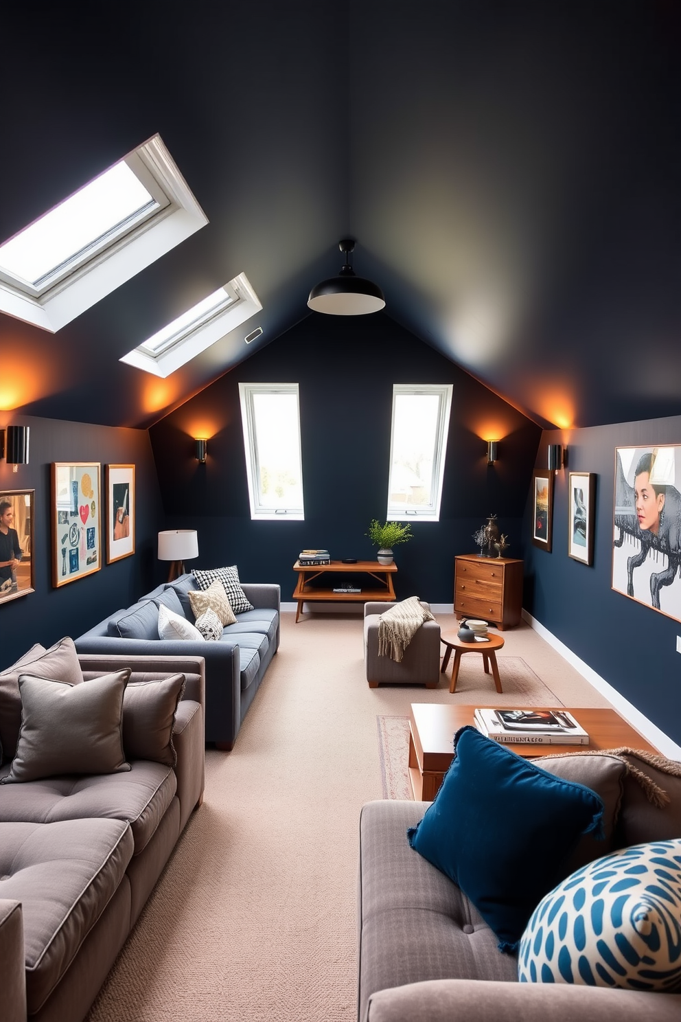 Inviting movie room with comfy couches. The walls are painted a deep navy blue, and soft lighting creates a cozy atmosphere. Attic design ideas featuring a bright and airy space. Large skylights allow natural light to flood in, highlighting a mix of modern and vintage furnishings.