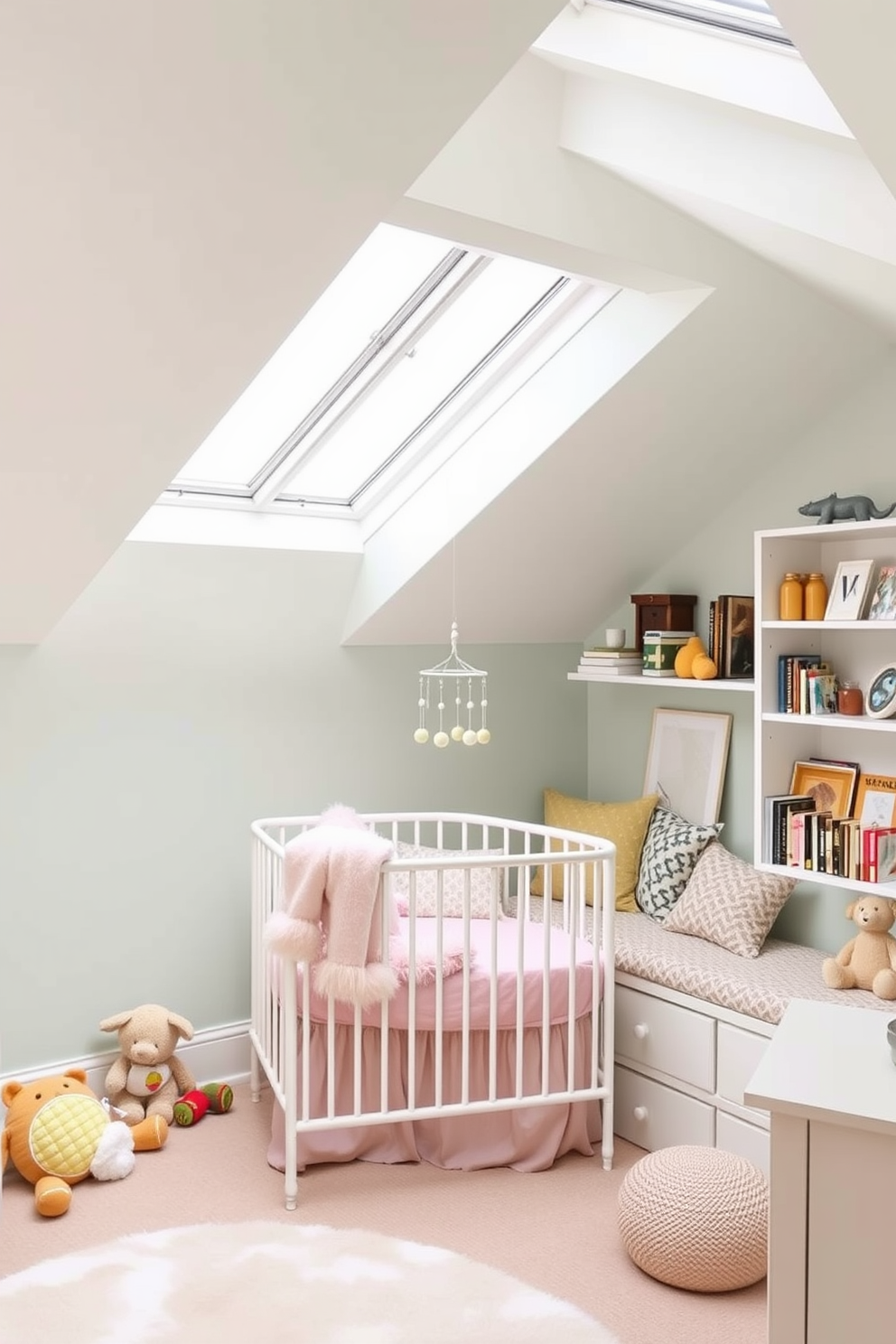 Charming nursery with soft pastel colors. The walls are painted in a gentle mint green, and the furniture features a mix of white and light wood tones. A cozy crib is adorned with fluffy bedding in shades of pink and yellow. Plush toys are scattered around, and a whimsical mobile hangs above the crib, completing the serene atmosphere. Attic design ideas that maximize space and light. The room features sloped ceilings with skylights that flood the area with natural light. A comfortable reading nook is created with a built-in bench and colorful cushions. The decor includes vintage bookshelves and playful artwork, making it a perfect retreat.