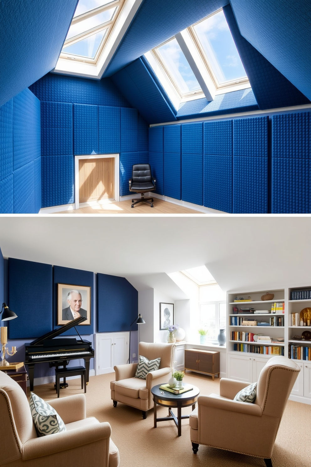 A creative music room with soundproofing features walls lined with acoustic panels in a deep blue hue. The room is furnished with a grand piano in one corner and a cozy seating area with plush armchairs for relaxation. Attic design ideas include a bright and airy space with skylights that flood the room with natural light. The design features a mix of vintage and modern furnishings, with a comfortable reading nook and built-in shelves for books and decor.