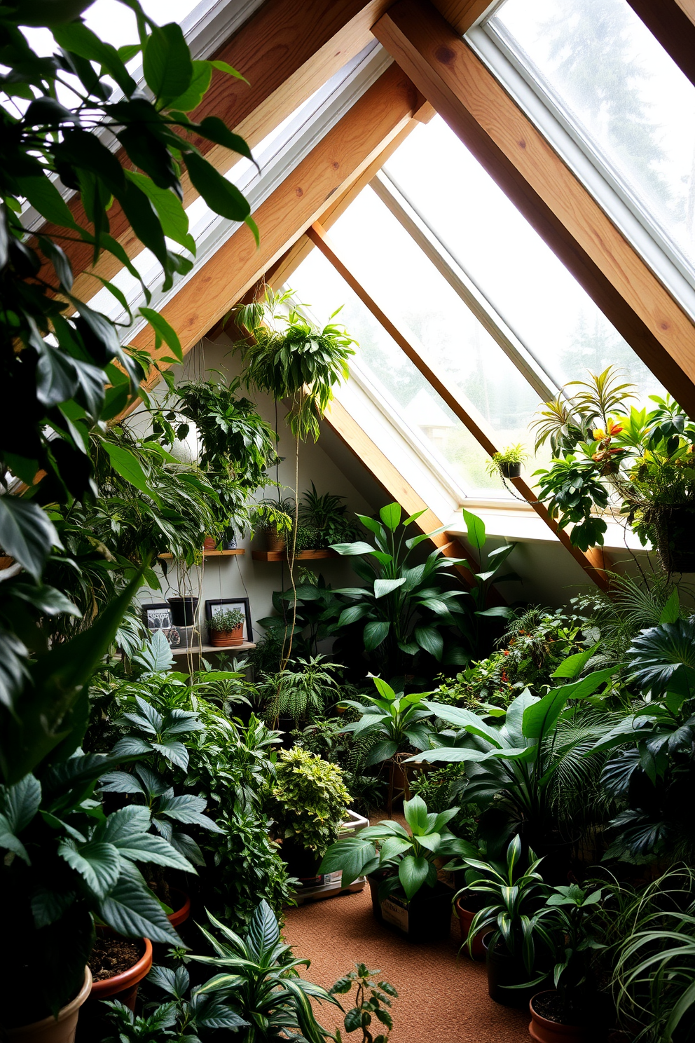 Indoor garden with plenty of greenery. The space is filled with various plants in different sizes, creating a lush and vibrant atmosphere. Attic design ideas. The room features sloped ceilings with exposed wooden beams and cozy nooks for reading or relaxation.