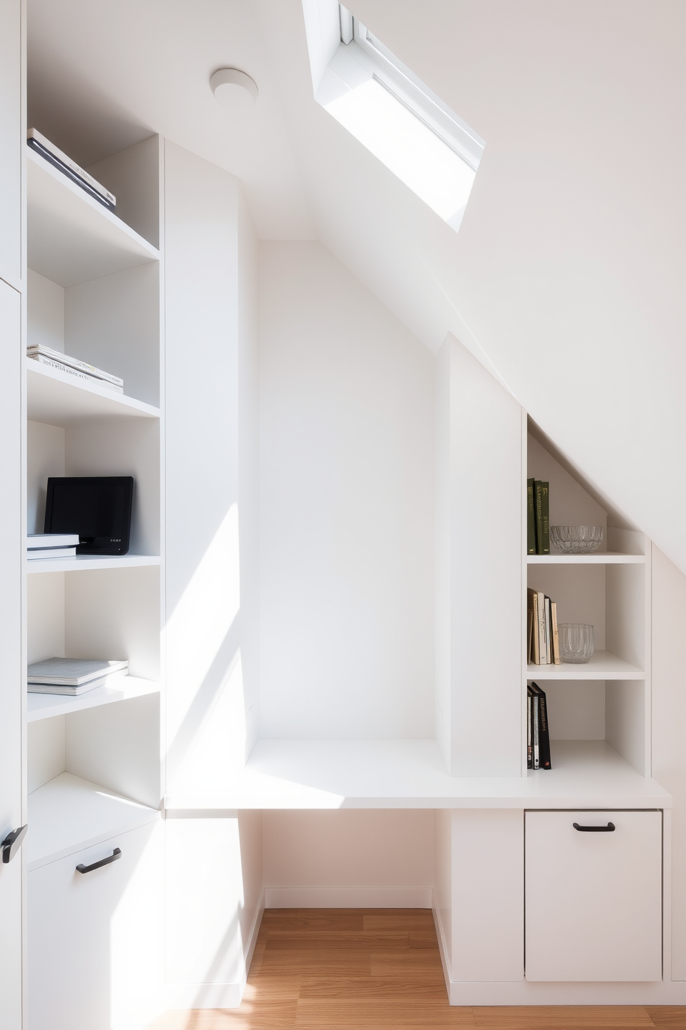 A minimalist workspace features built-in shelves that seamlessly integrate with the walls. The desk is sleek and unobtrusive, allowing for a clean and organized environment. Attic design ideas focus on maximizing space with clever storage solutions and cozy nooks. Natural light floods the area through skylights, highlighting the unique architectural elements of the sloped ceilings.