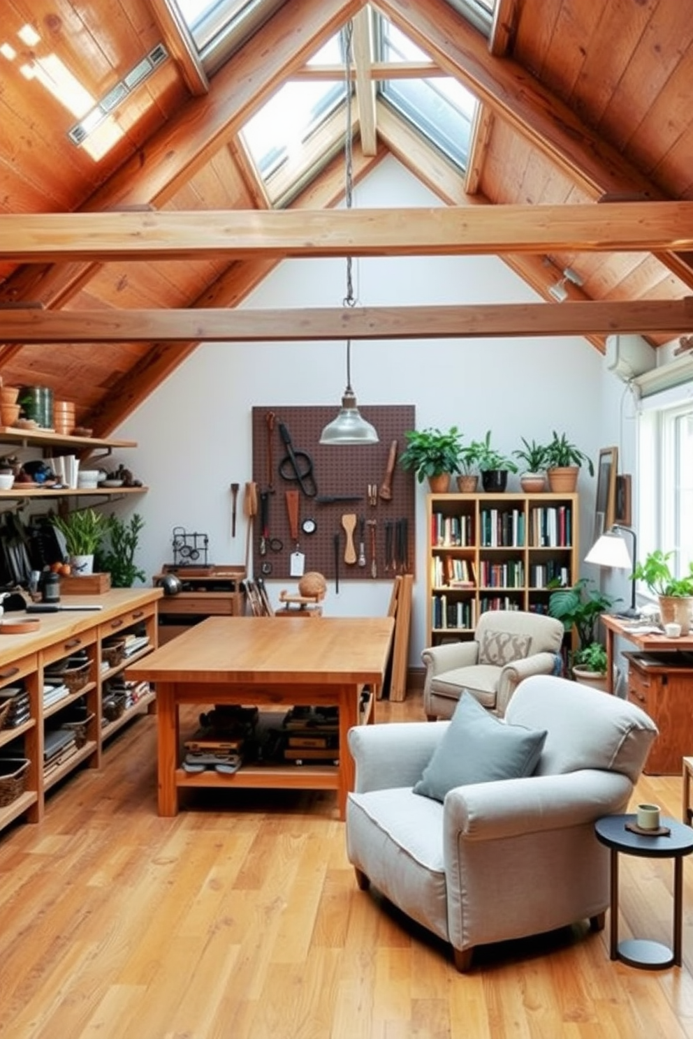 Artisan workshop for DIY projects. The space features a large wooden workbench in the center, surrounded by shelves filled with tools and materials. Natural light floods in through a skylight above, enhancing the warm tones of the wooden beams and rustic decor. A pegboard on the wall organizes tools, while potted plants add a touch of greenery to the creative environment. Attic Design Ideas. The attic is transformed into a cozy reading nook with a plush armchair and a small bookshelf filled with favorite novels. Soft lighting from a vintage lamp creates a warm ambiance, while exposed beams and a sloped ceiling add character to the space.