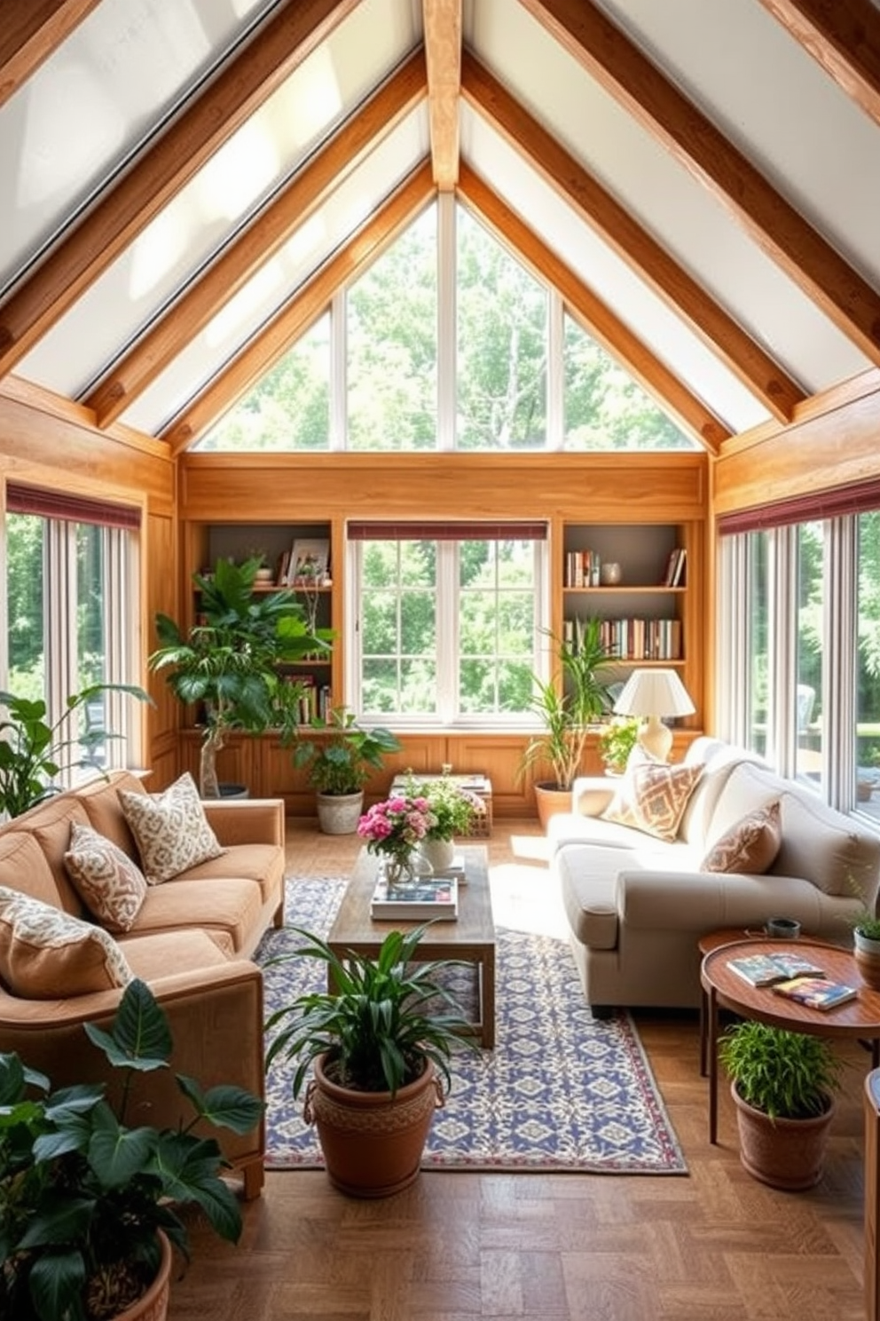 Bright sunroom for indoor relaxation. The space is filled with large windows that allow natural light to flood in, creating a warm and inviting atmosphere. Comfortable seating options, such as a plush sectional and oversized armchairs, are arranged around a low coffee table. Lush greenery and colorful potted plants add life and vibrancy to the room. Attic Design Ideas. The attic features sloped ceilings with exposed beams that add character and charm to the space. Cozy nooks are created with built-in bookshelves and a reading corner, while soft lighting enhances the inviting ambiance.