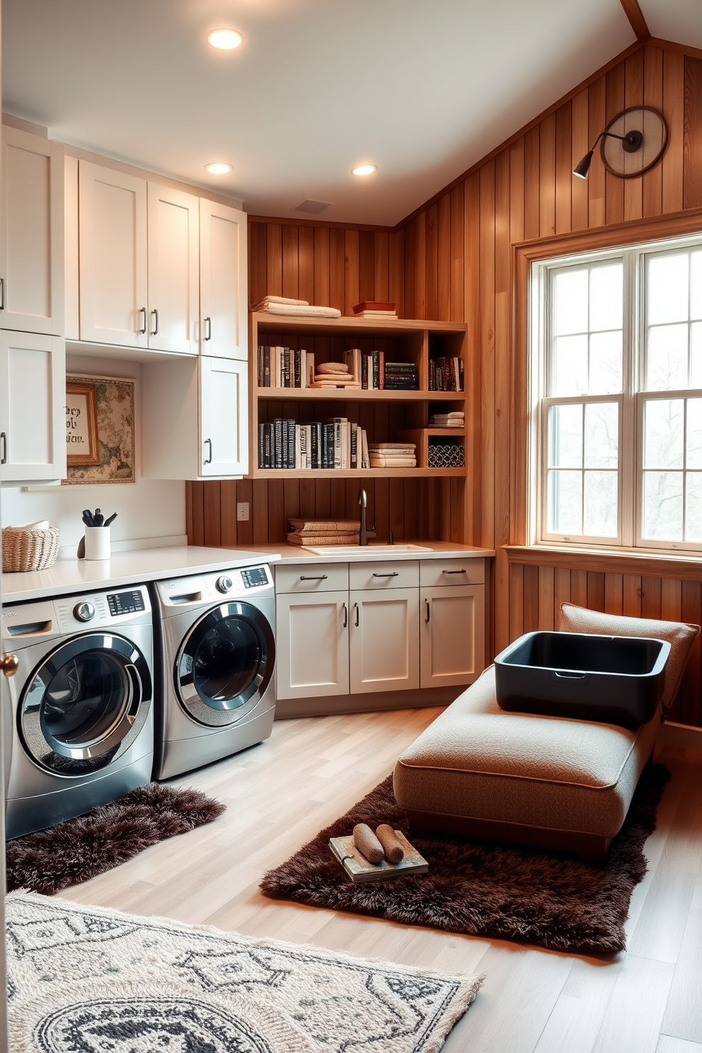 Functional laundry room with smart storage. The space features built-in cabinets and shelves for organization, with a countertop for folding clothes. A stackable washer and dryer are neatly tucked into one corner, and a deep sink is installed for handwashing. The walls are painted in a light, airy color, and a durable, easy-to-clean floor completes the design. Attic design ideas. The attic is transformed into a cozy reading nook with built-in bookshelves and a comfortable chaise lounge. Large windows allow natural light to flood the space, and soft, warm lighting creates an inviting atmosphere. The walls are lined with wood paneling, and plush area rugs add texture and warmth.