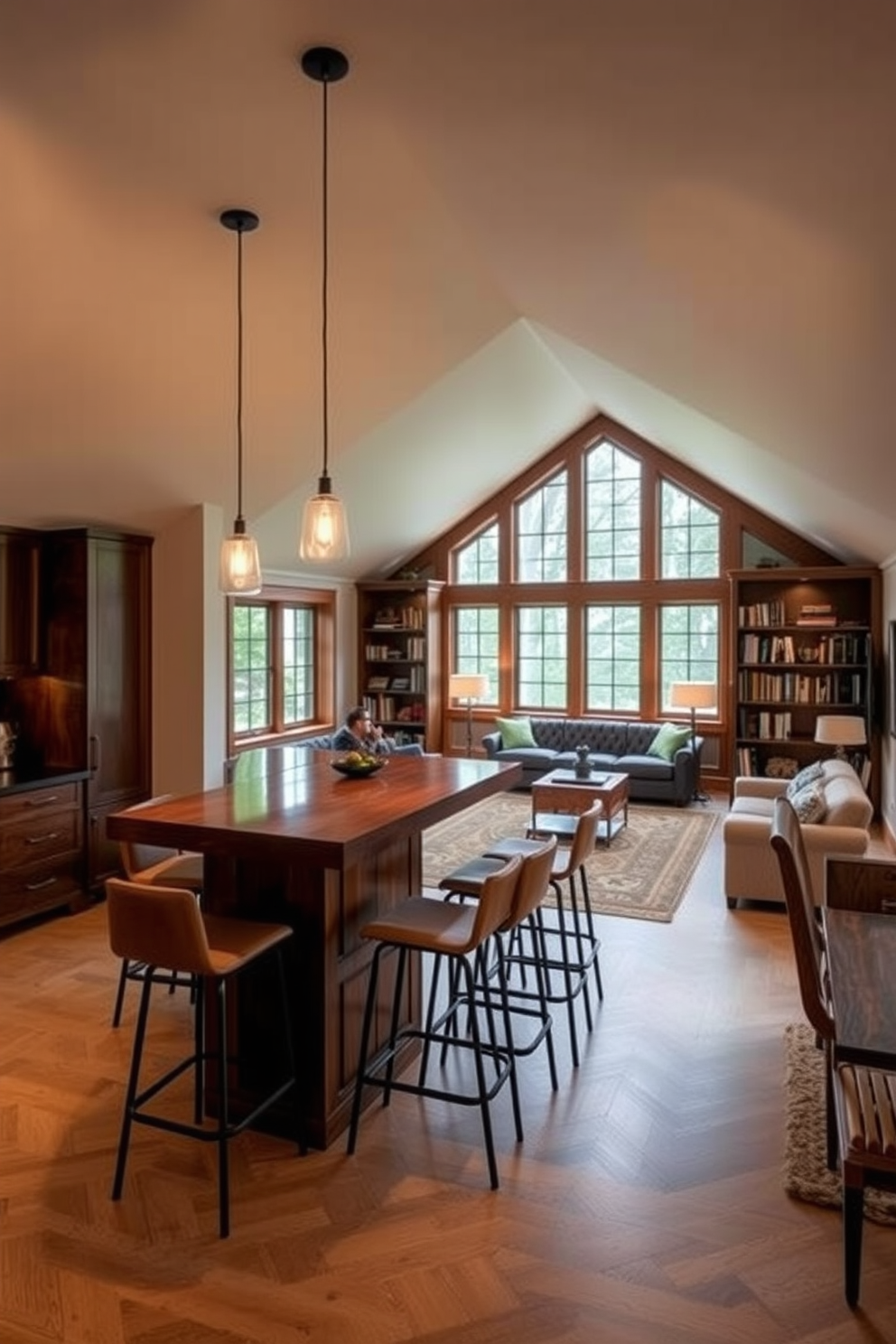 A stylish bar area for entertaining guests. The space features a sleek wooden bar with high stools, illuminated by pendant lights overhead. Attic design ideas that maximize space and comfort. The room includes cozy seating, built-in bookshelves, and large windows that allow natural light to flood in.