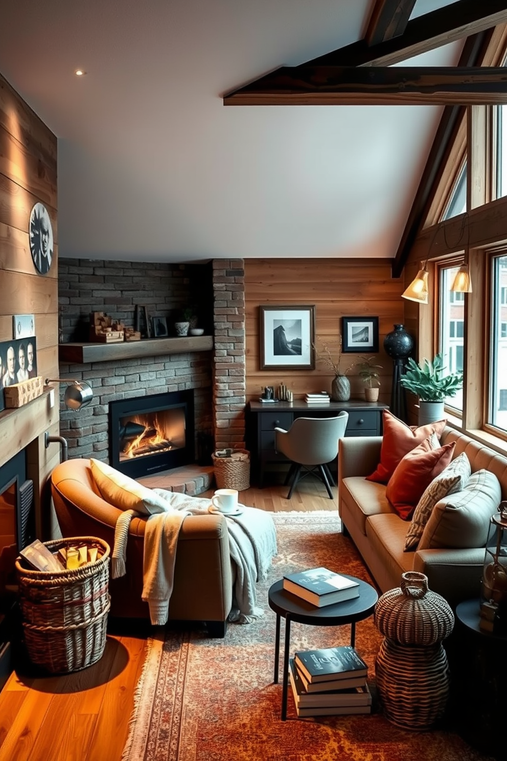 Cozy fireplace corner for winter nights. A plush armchair is positioned near a crackling fireplace, with a soft throw blanket draped over the arm. The walls are adorned with rustic wood paneling, and a woven basket filled with firewood sits beside the hearth. Warm ambient lighting creates an inviting atmosphere, while a small side table holds a steaming mug and a stack of books. Attic design ideas. The space features exposed beams and large windows that flood the area with natural light. A comfortable seating area is arranged with a sectional sofa and colorful cushions, while a small desk nook is tucked into a corner for a cozy workspace. Decorative elements like potted plants and framed artwork add personality to the unique space.