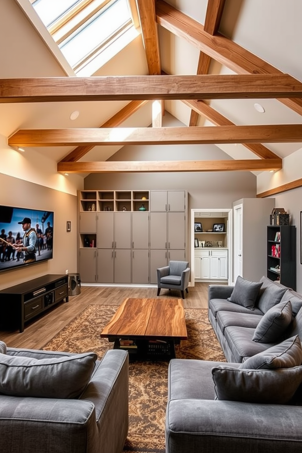 A modern game room featuring a sleek entertainment system is designed for comfort and style. Plush sectional sofas are arranged around a large flat-screen TV, with a coffee table made of reclaimed wood at the center. The attic design incorporates cozy nooks and natural light to create an inviting atmosphere. Exposed beams and soft lighting enhance the space, while a small reading area with a comfortable chair and bookshelf adds charm.